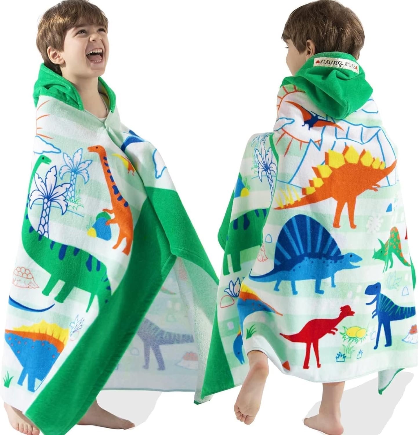 VOOVA & MOVAS Dinosaur Hooded Beach Towel for Kids Age 3-8, Large 30″x50″ 100% Cotton Ultra Absorbent Wearable Wrap, Bath Towel for Beach Pool Swim, Birthday Gift for Kids