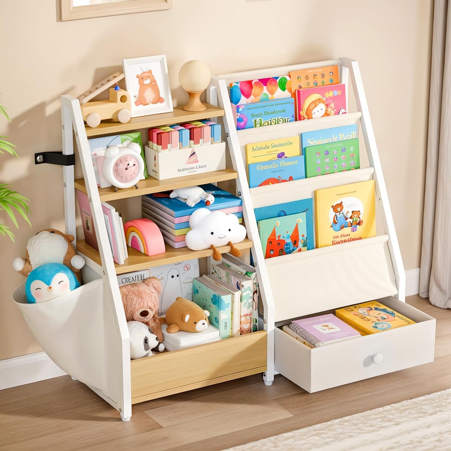 HAVLOTII Kids Bookshelf and Toy Storage – Book Shelf for Kids Rooms, Toddler Bookshelf Baby Bookcase for Nursery, Montessori Toy Organizer, Burlywood
