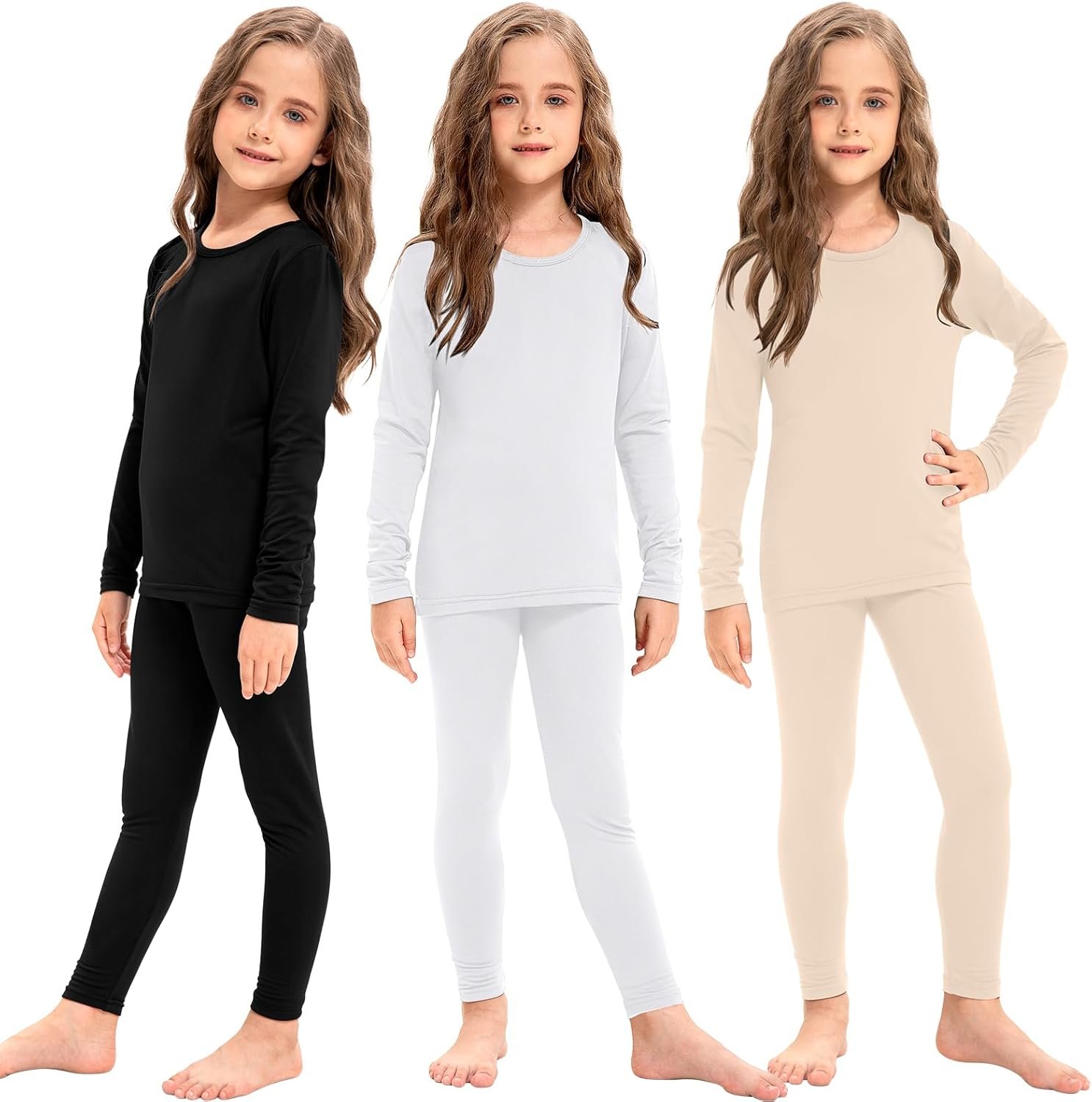 Silkfly 3 Set Girls Thermal Underwear Soft Winter Thermal Top and Bottom with Fleece Lined Base Layer for Girls