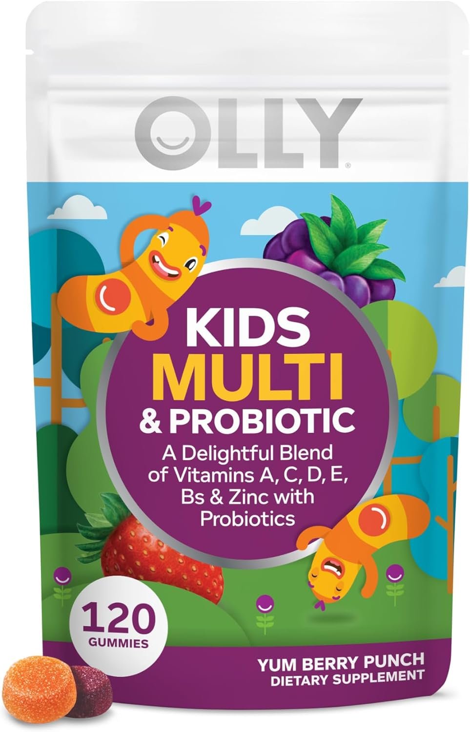 OLLY Kids Multivitamin & Probiotic Gummy, Digestive Support, Vitamins A, D, C, E, B, Zinc, Chewable Supplement, Berry Flavor, 60 day supply – 120 Count