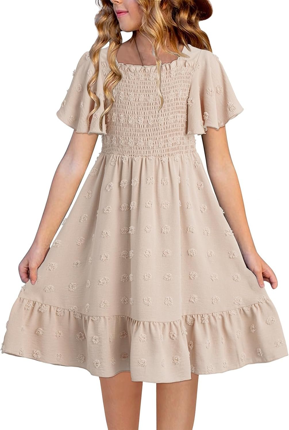 blibean Girls Summer Dresses Kids Polka Dot Smocked Dress Size 6-15 Years