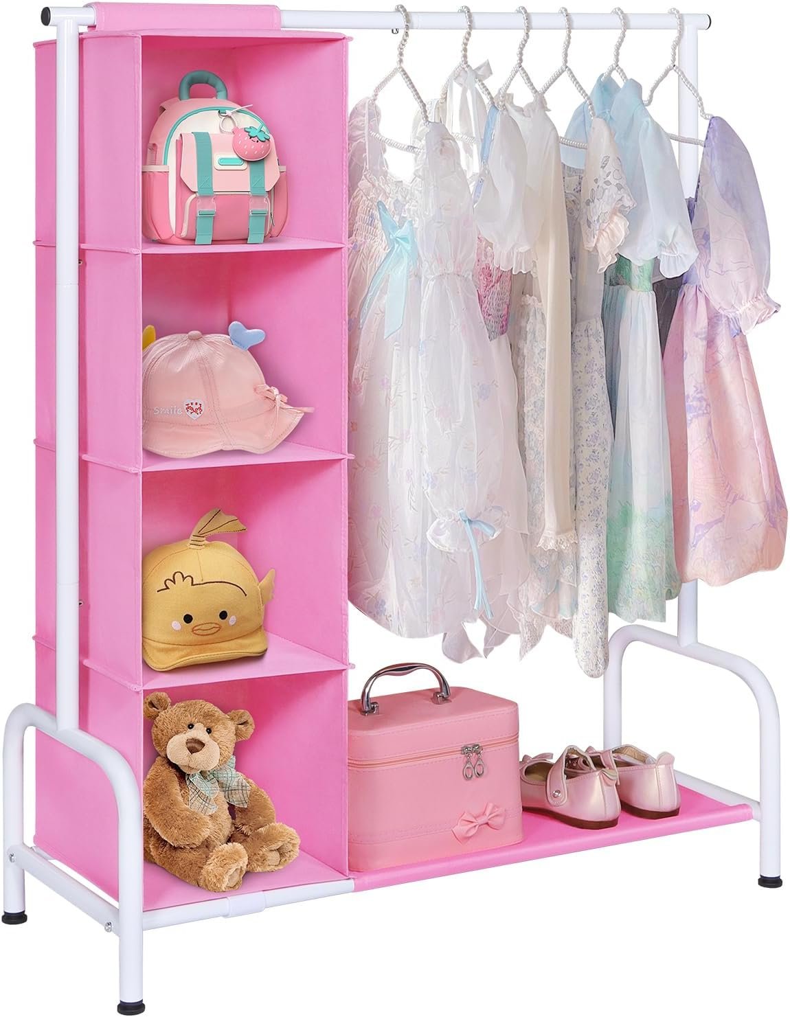 Univivi 43″ Tall Kids Clothing Rack, Toddler Dress Up Storage with Hanging Organizer – Sturdy Metal Baby Closet, Space-Saving for Nursery & Bedroom, Pink/White