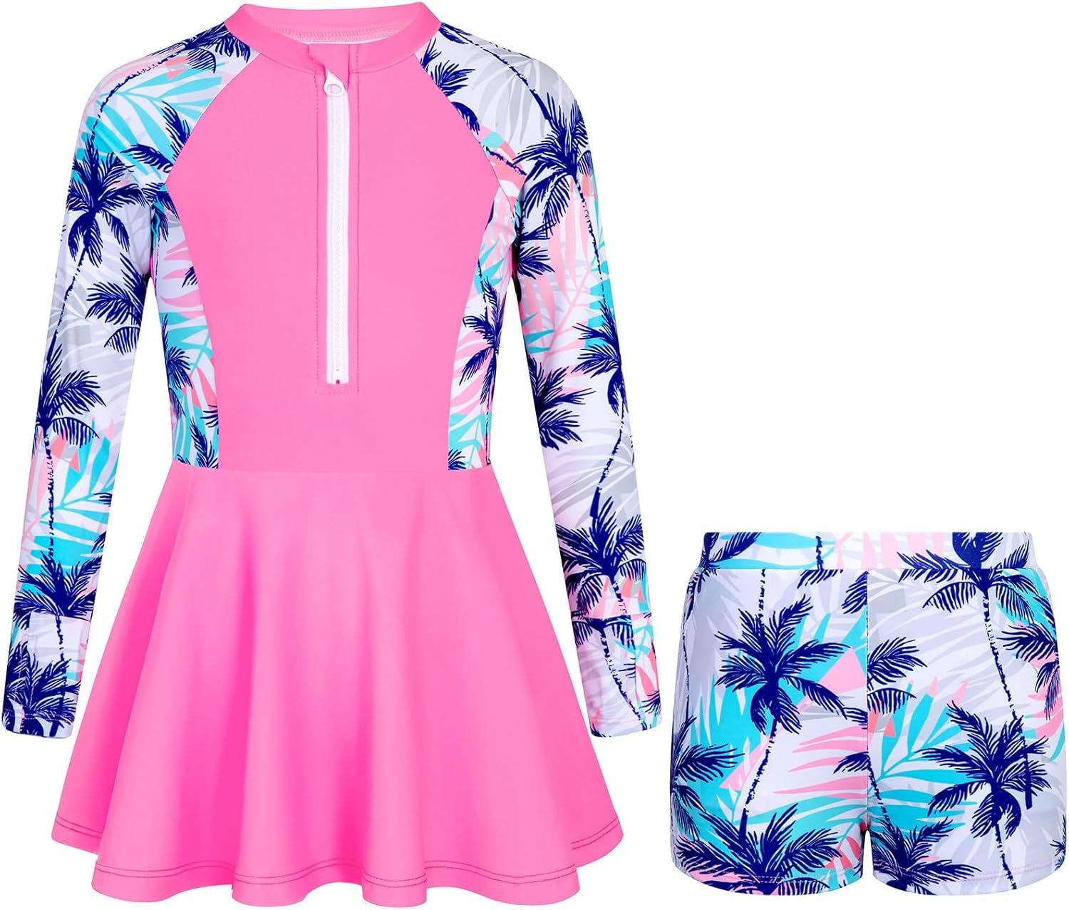 HOZIY Girls Long Sleeve Swimsuit Two Piece Rash Guard Dress with Swim Shorts Front Zip for Kids Tween Teens UPF 50+