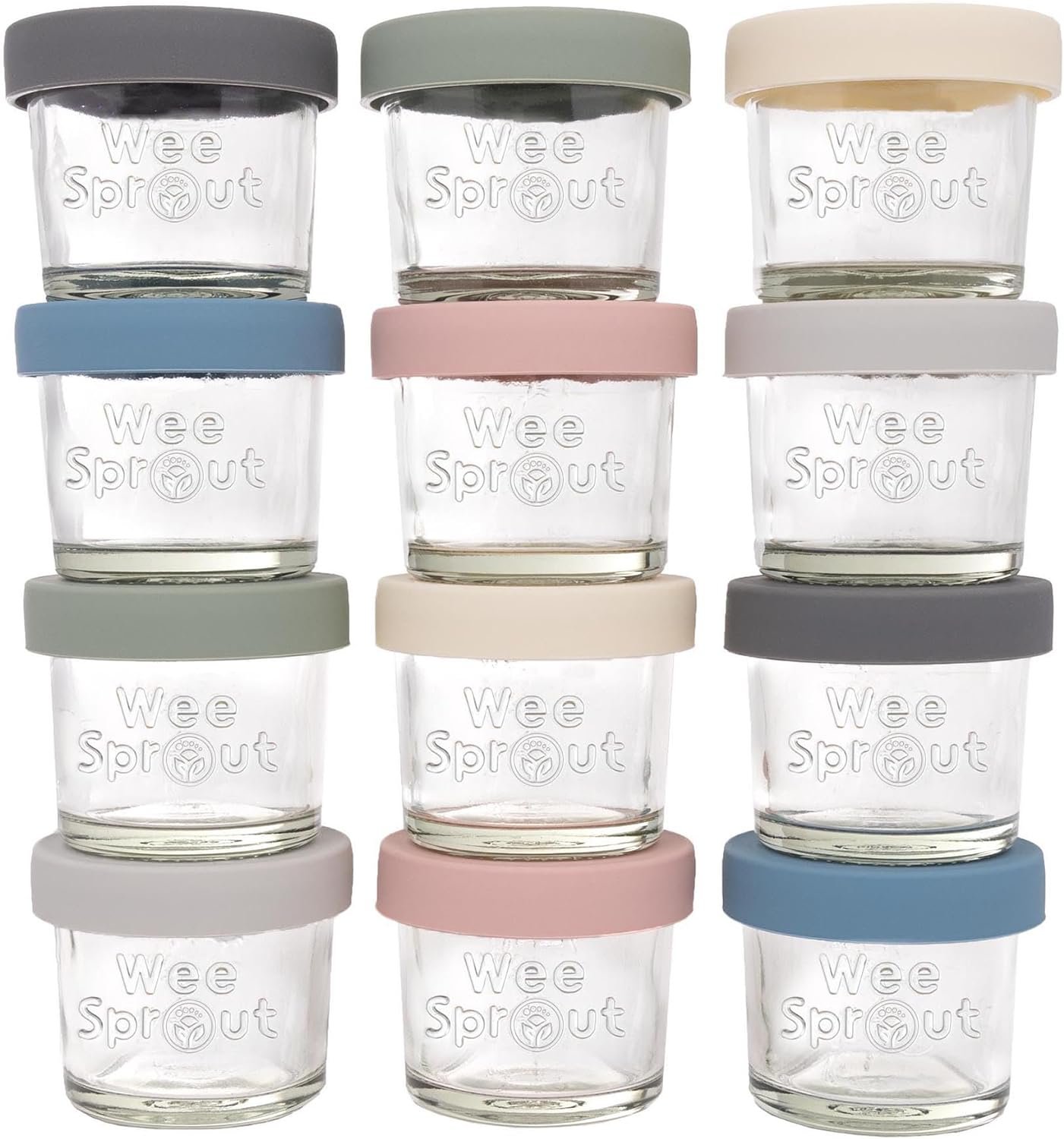WeeSprout Glass Baby Food Storage Jars with Silicone Lids (4 oz, 12 Pack Set) Snack, Puree, Reusable Small Containers, Breast Milk, Fridge or Freezer, Essential Must Have for Infants