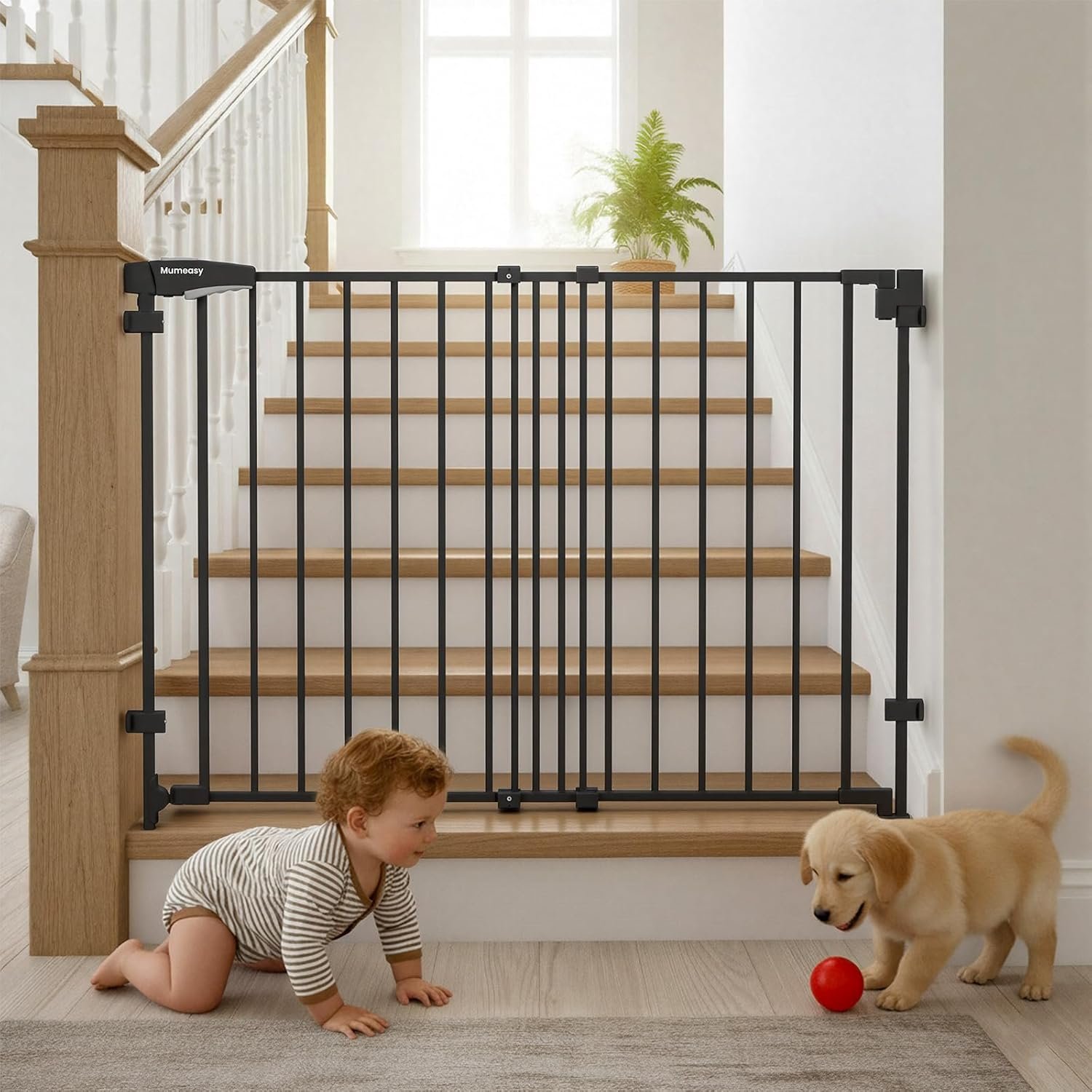Mumeasy 29.5-43.3″ Baby Gate for Stairs, No Bottom Bar Dog Gate with Removable Door & Slide-Adjust Drill Mount, Extra Wide Stairway & Hallway Walk Thru Pet Safety Gate for Doorways, Kitchen (Black)