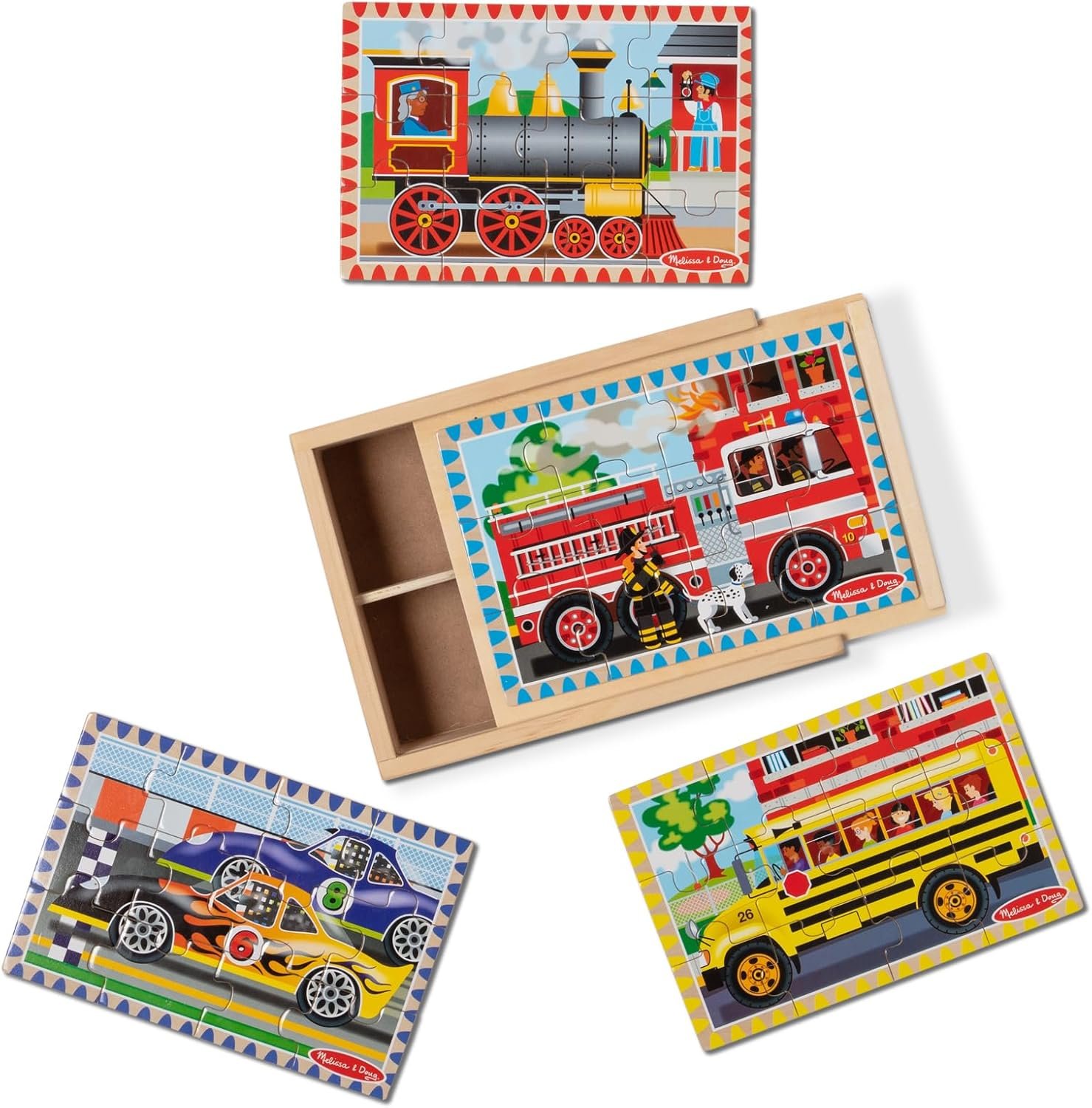 Melissa & Doug 4‑in‑1 Wooden Vehicle Jigsaw Puzzle Set, 48 Pieces with Storage Box, Toddler Puzzle Toy for Kids Ages 3+- FSC Certified