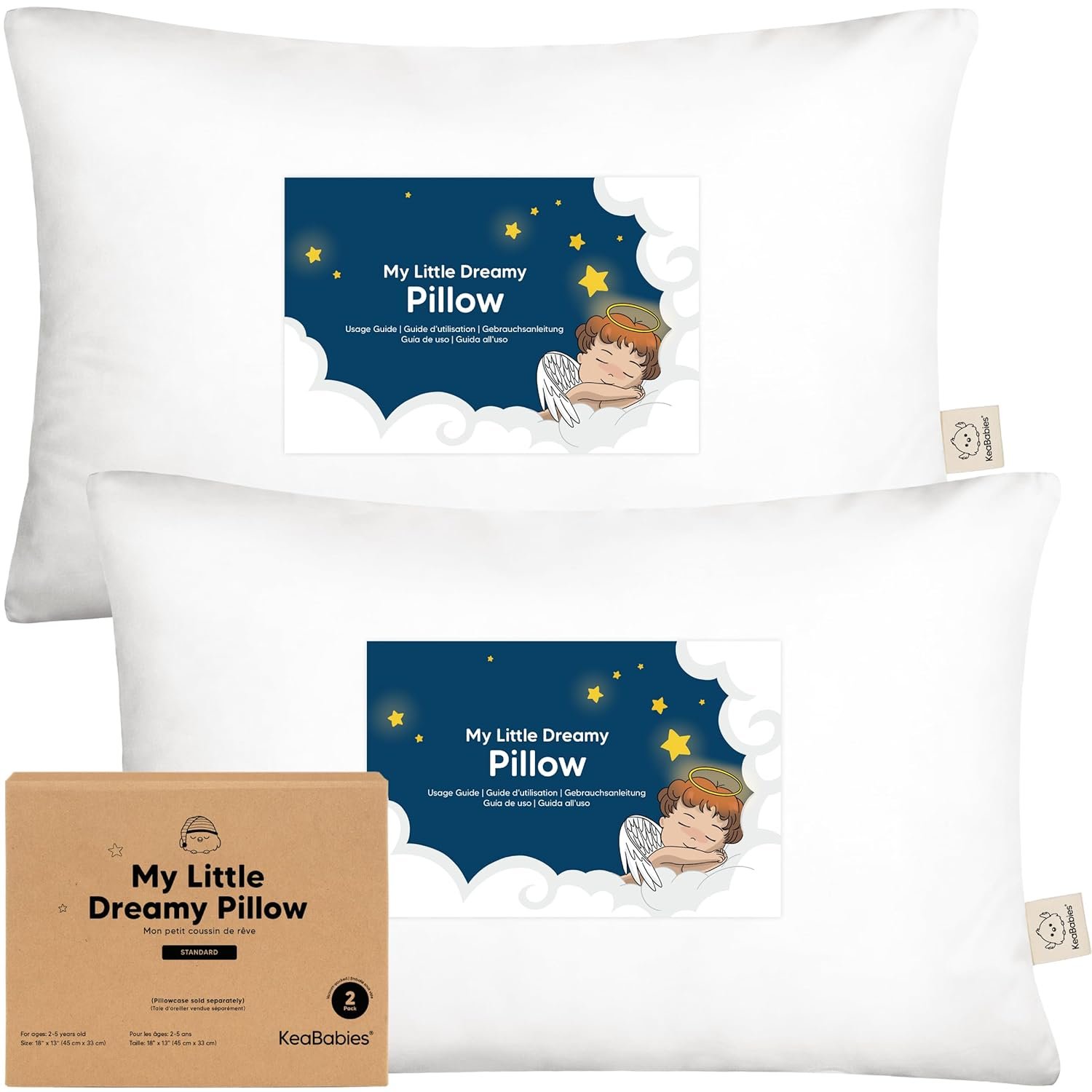 KeaBabies 2-Pack Toddler Pillows 2 Year Old to 5-13×18 Soft Organic Cotton Kids Pillow for Sleeping, Travel, School, Daycare, Nap, Toddler Bed, Machine Washable, Without Pillowcase (Soft White)