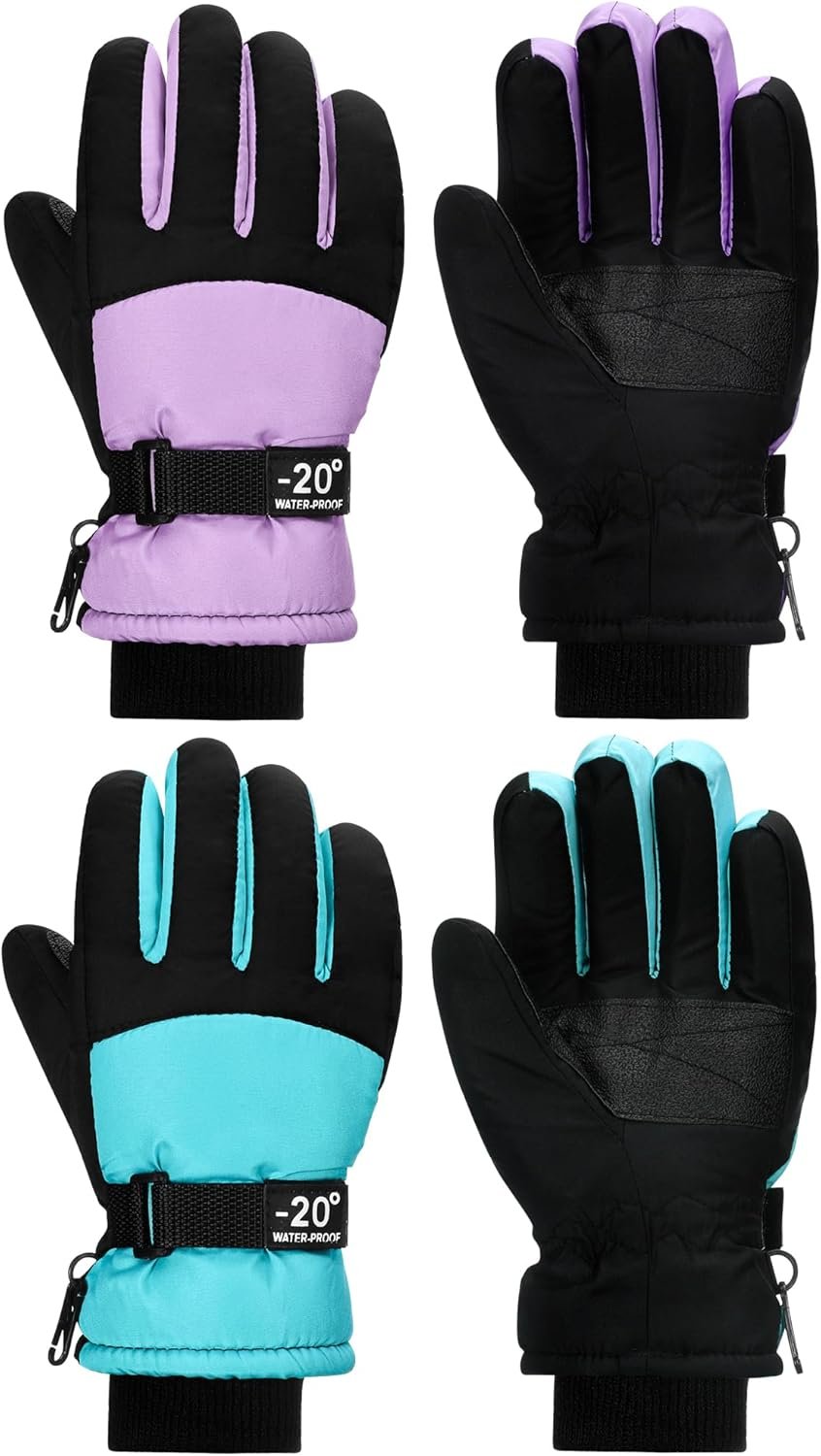 SATINIOR 2 Pairs Kids Waterproof Winter Snow Gloves Ski Gloves for Boy Girl Outdoor Warm Thickening Snowboar