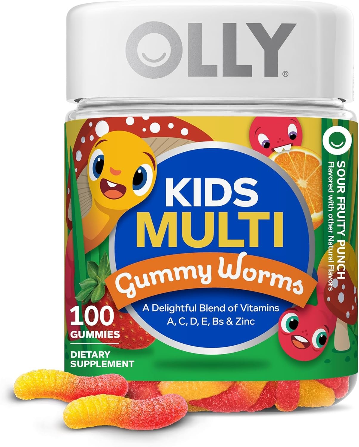 OLLY Kids Multivitamin Gummy Worms, Overall Health and Immune Support, Vitamins and Minerals A, C, D, E, Bs and Zinc, Kids Chewable Supplement, Sour Fruit Punch, 45 Day Supply – 100 Count