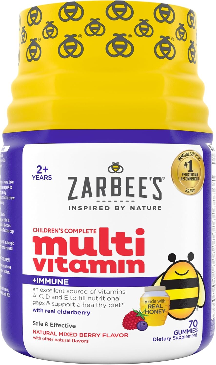 Zarbee’s Complete Kids Multivitamin Gummies + Immune Support, Children Vitamins Gummy with Vitamin A, C, D3, E, B6, B12, Folic Acid & Total B-complex, 70 ct