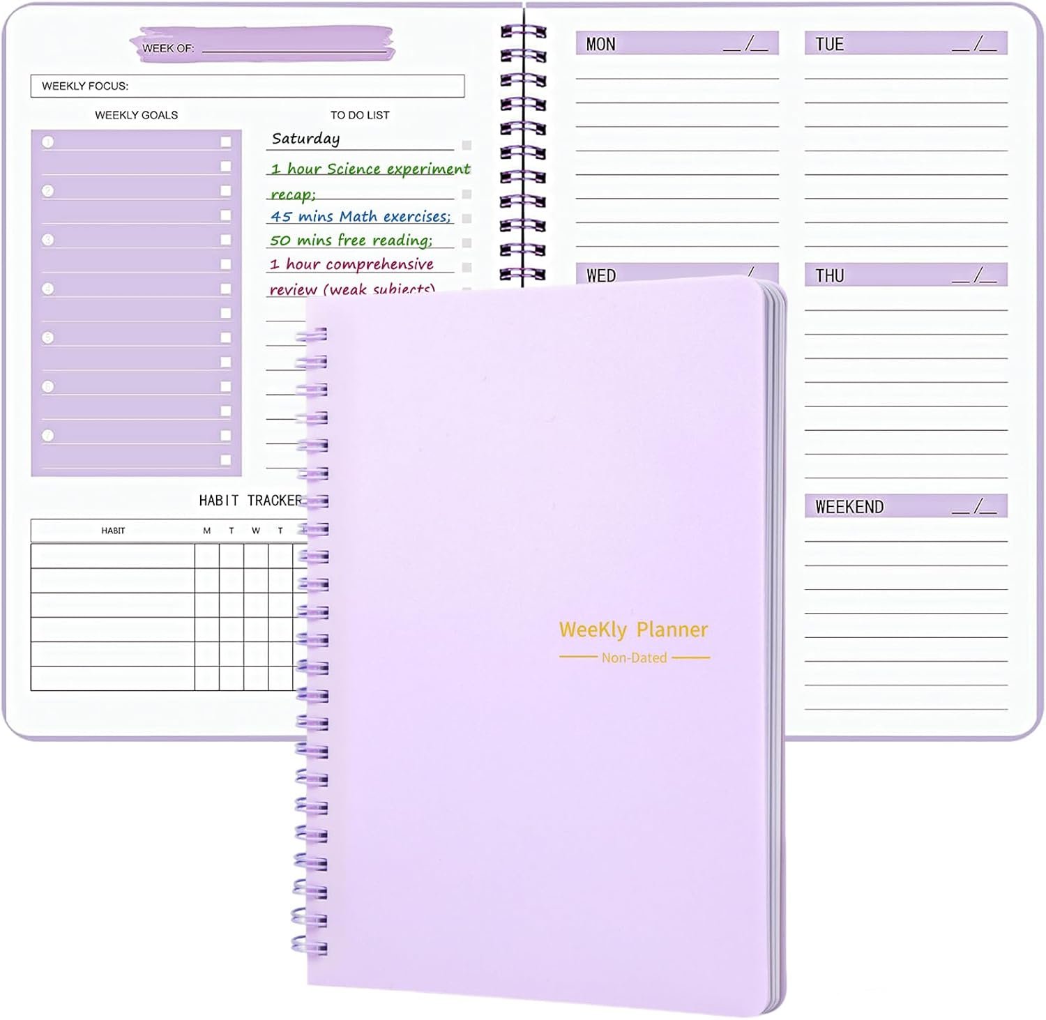Undated Weekly Planner Purple A5 Personal Goals Journal Non Dated Kids Weekly Planner to Do List with Goal Habit Tracker Organizer, Cute Undated Week Planners with Spiral Binding for Kids School Work