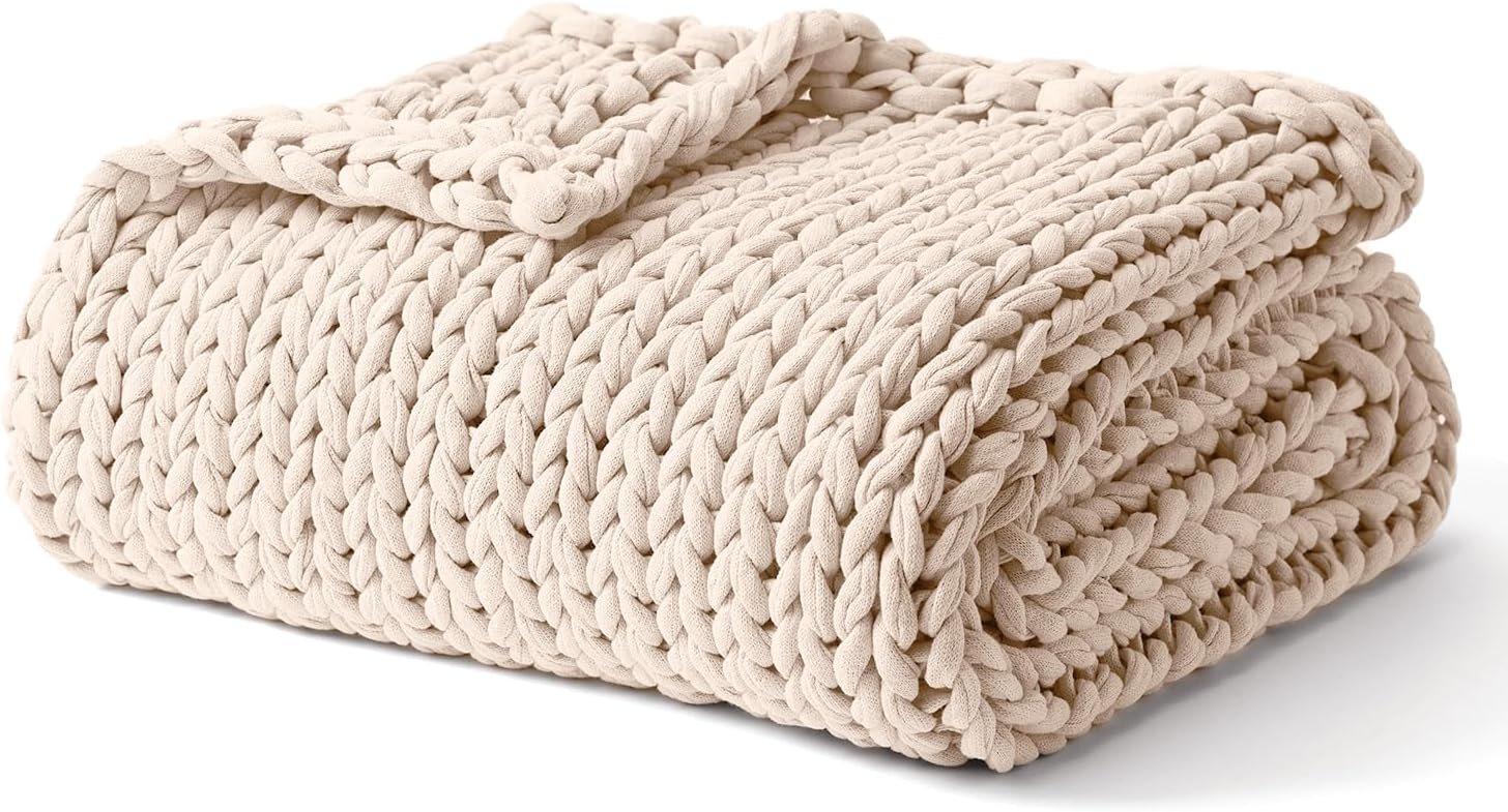 YnM Cooling Weighted Blanket, 100% Cotton Handmade Chunky Knitted Blanket, Weighted Lap, Breathable Heavy Blankets, Machine Washable Throw for Sleep or Home Decor (Cream, 35×40 Inch, 5lbs)