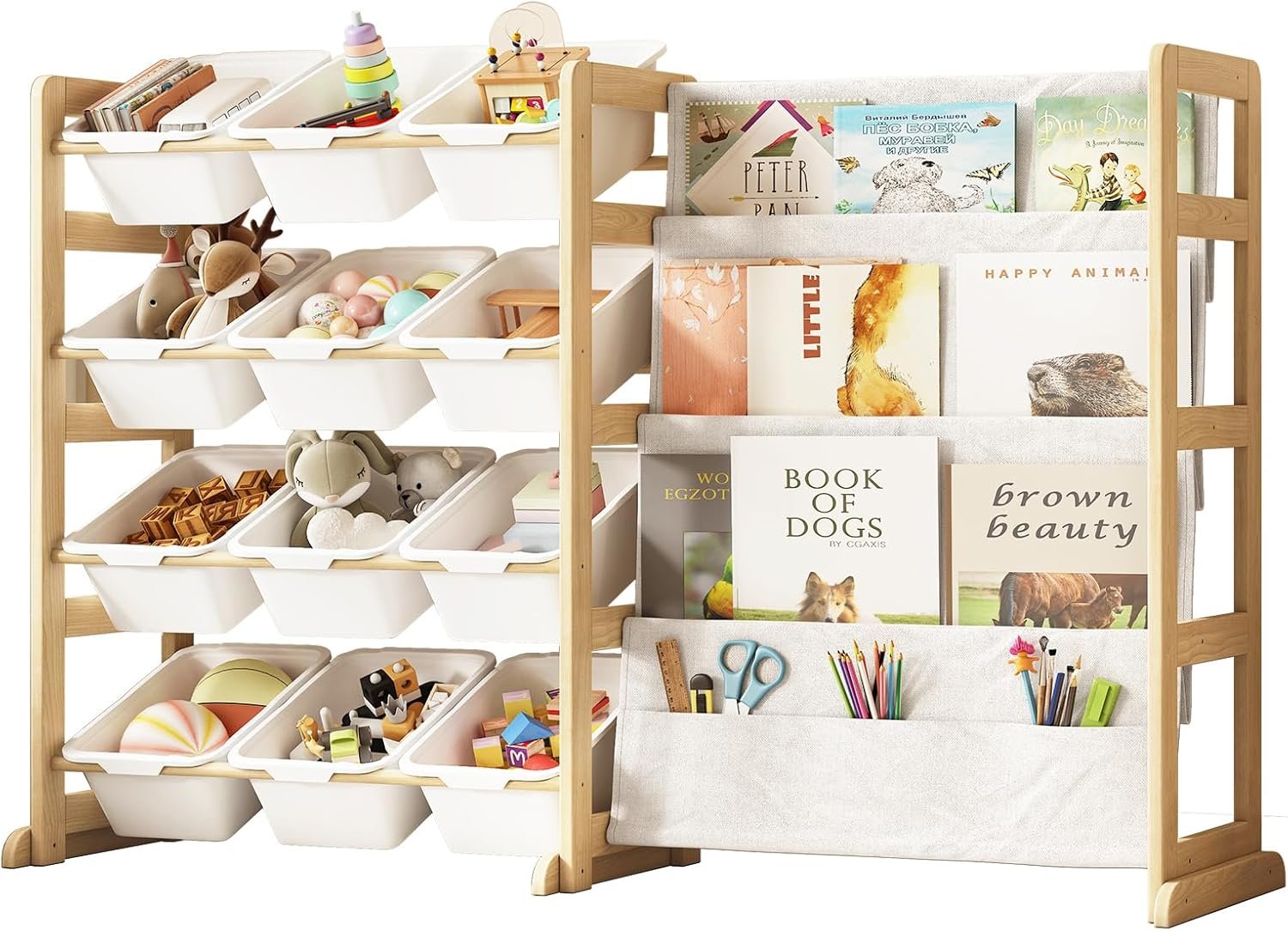 EXPERLAM Toy Storage Organizer with Bookshelf – 12 Storage Bins 4-Tier Multipurpose Shelf to Organize Toys and Books for Kids Room, Playroom, Nursery Room, White