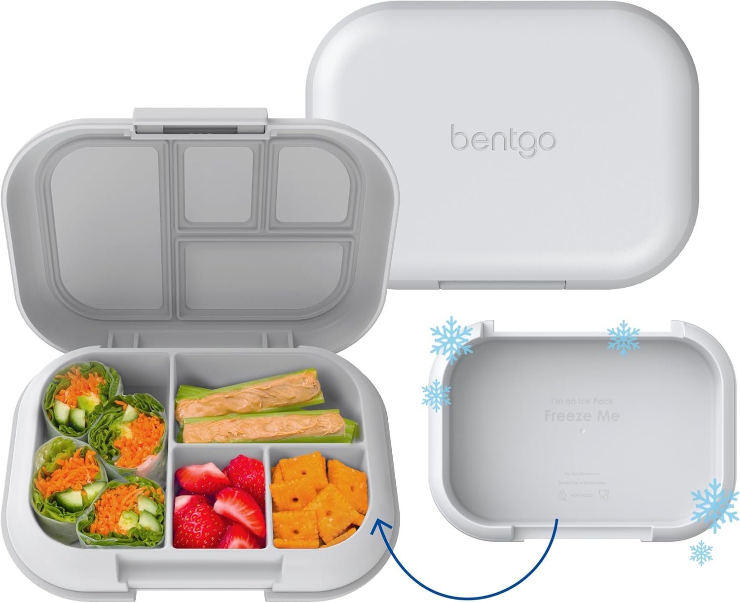 Bentgo Chill Kids Leak-Proof Lunch Box – 4-Compartment Bento Box with Built-In Ice Pack, 3.3 Cup Capacity, PFAS & BPA-Free, Microwave & Dishwasher Safe, Ideal Size for Ages 3 to 7 (Gray)