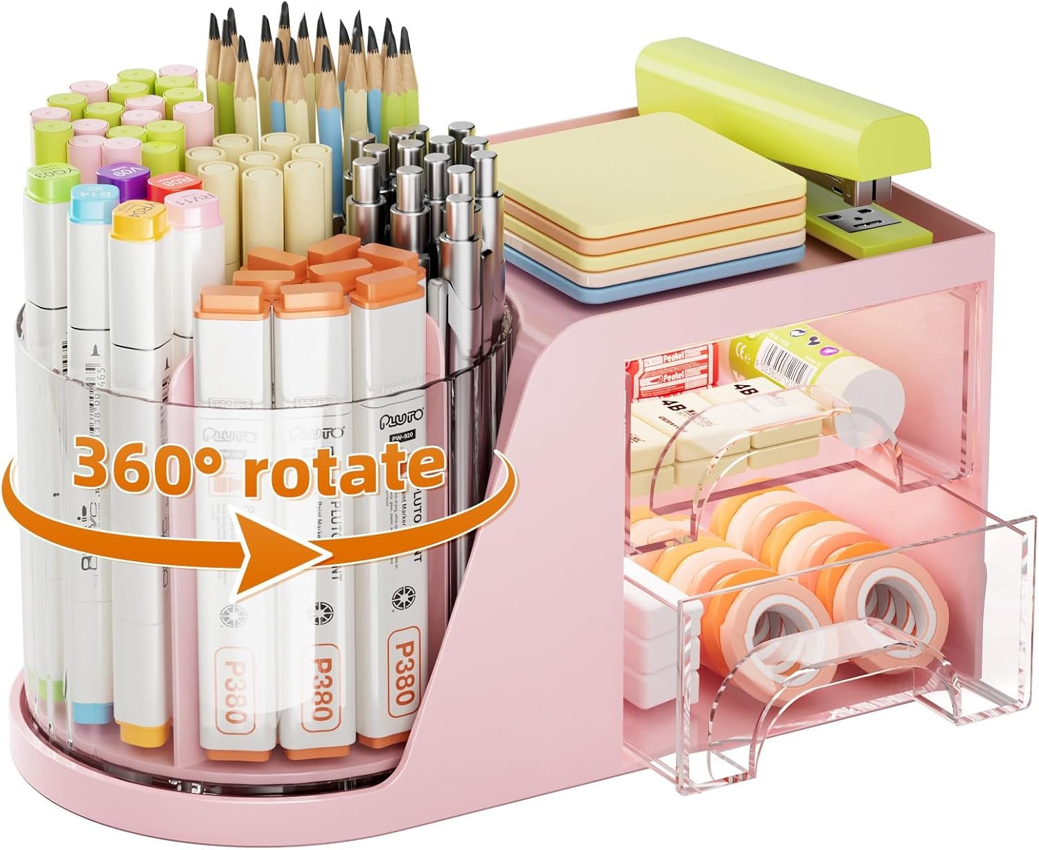Marbrasse Desk Organizer with 2 Drawer, 360°Rotating Pen Holder, Desk Organizers and Accessories with 6 Slots Pencil Organizer + 2 Drawer, Art Supply Storage Box Caddy for Office (Pink)