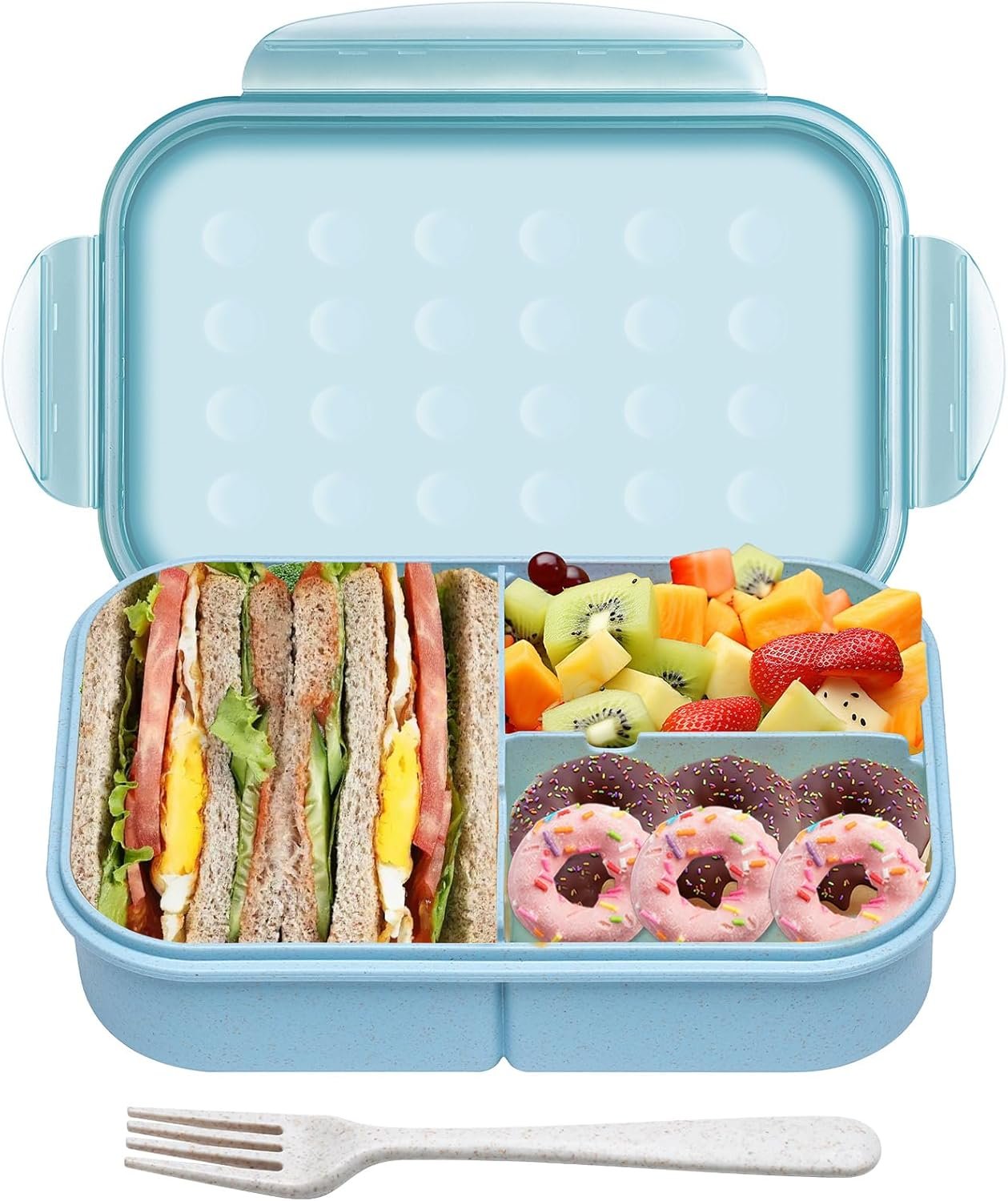 Itopor Classic Wheat Straw Bento Box, Leak-Proof 3-Compartment Lunch Box for Adults & Older Kids, BPA-Free Meal Prep Food Container with Fork, Microwave & Dishwasher Safe, 5.5 Cup, Blue