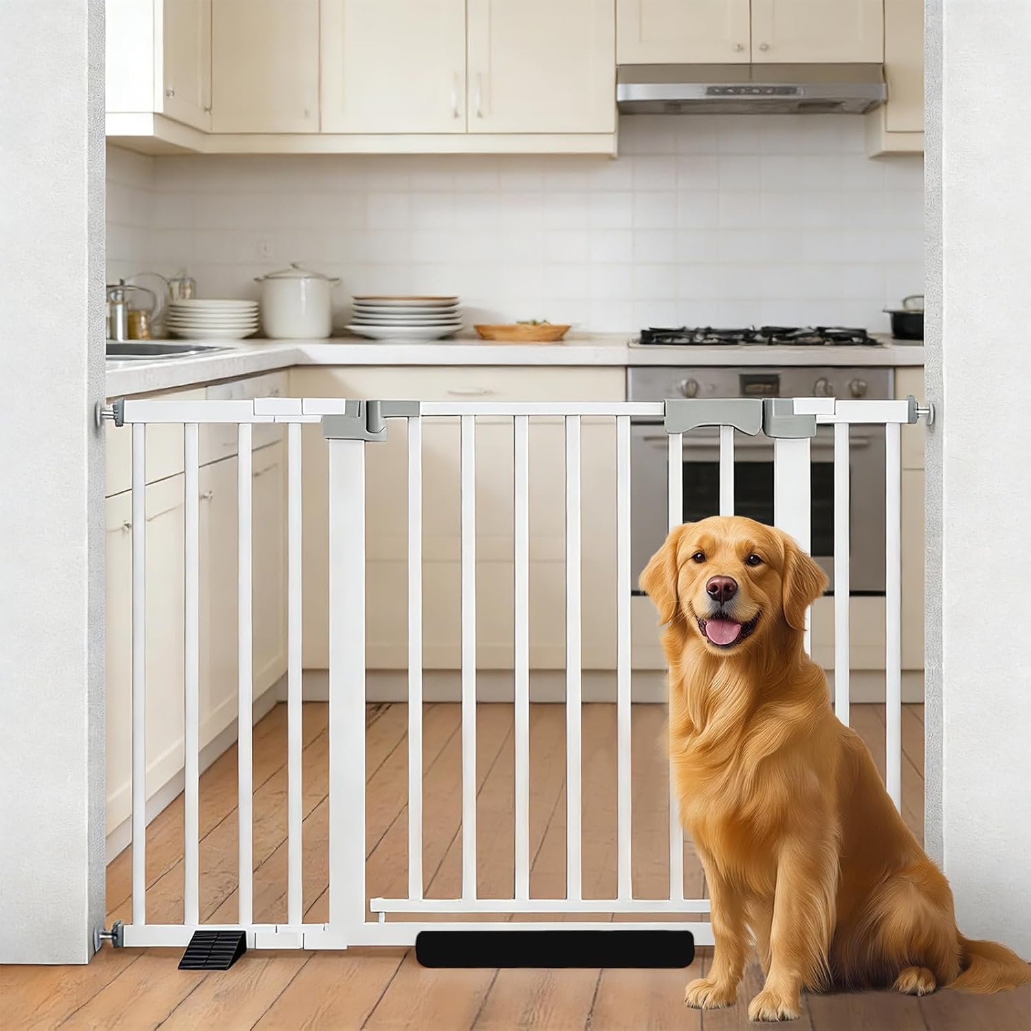 29.9-46″ Wide Baby Gate for Door & Stair Safety Gate for Baby Dogs and Pets with 3 Extensions Adjustable Steel Barrier for Doorways and Hallways Easy Install White