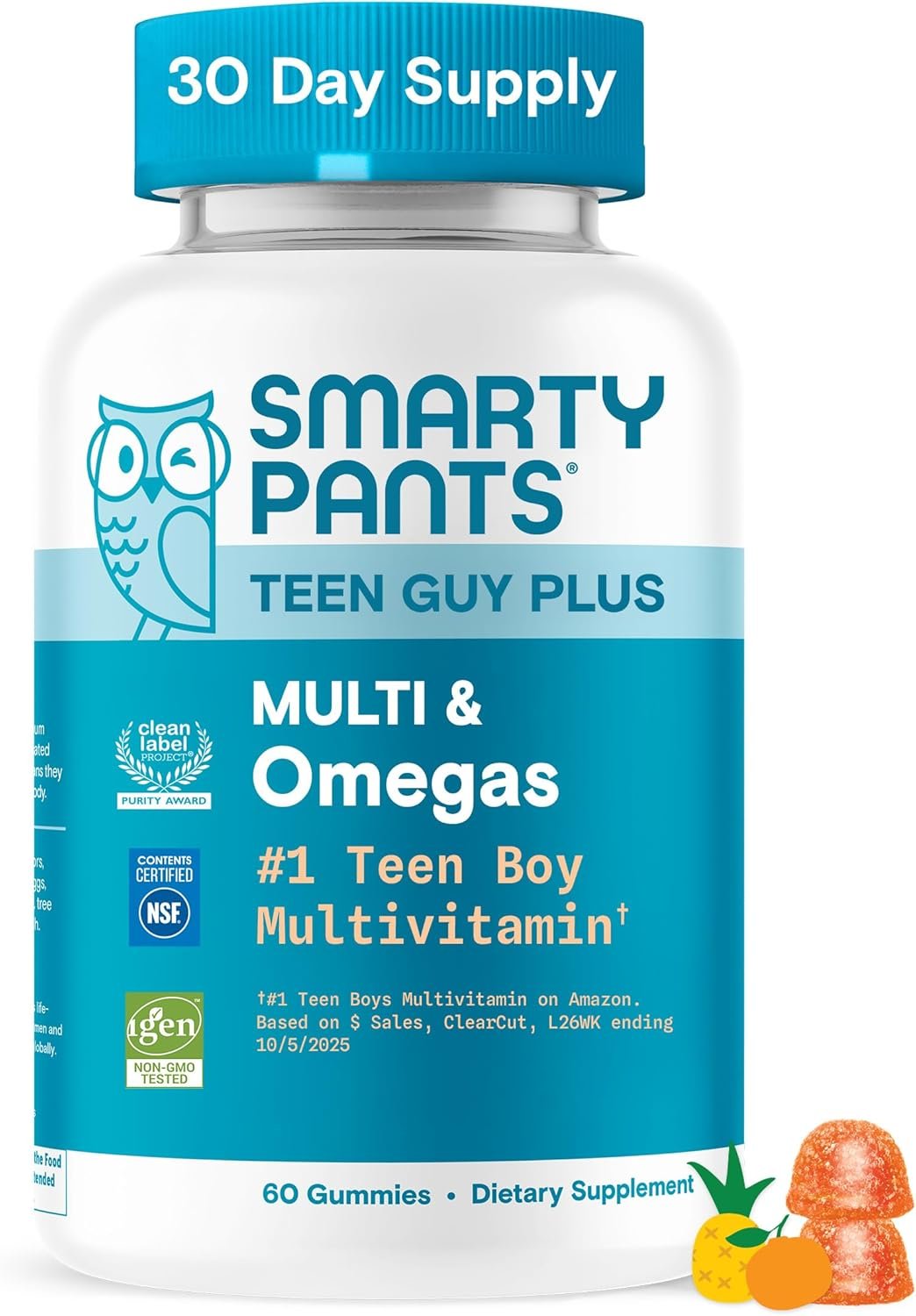 SmartyPants Teen Guy Plus Multi & Omegas Multivitamin Gummies with Omega 3 DHA/EPA, Vitamins D3, C, B12, B6, A, K, Zinc, Folate, Gluten Free, Clean Label, Pineapple Orange, 60 Gummies (30 Day Supply)