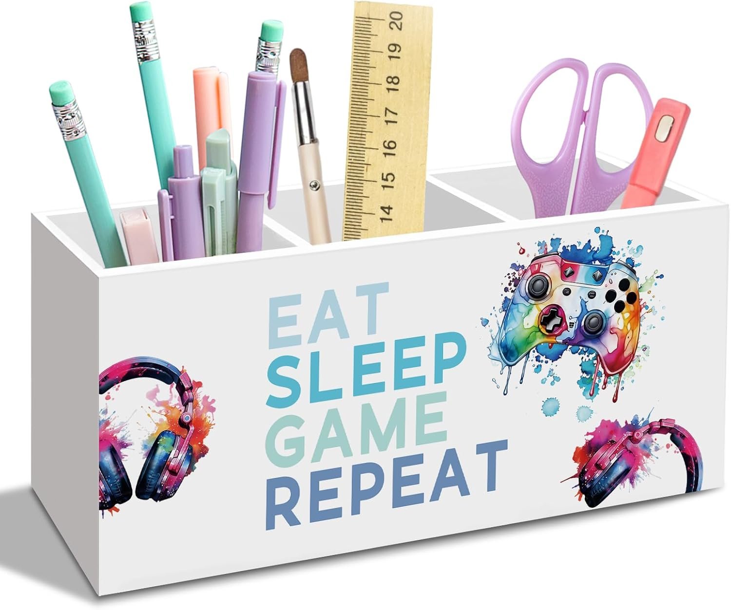Kids Boys Eat Sleep Game Repeat Pen Pencil Holder for Desk, Video Game Lovers Office Desk Accessories, Boys Kids Gamer Pen Holders Organizer for Classroom Bathroom