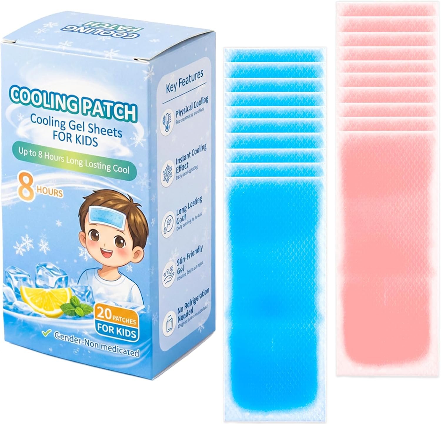 20 Sheets Kid Fever Patches for Kids Fever Discomfort & Pain Relief, Cooling Relief Fever Reducer, Soothe Headache Pain, Pack of 20