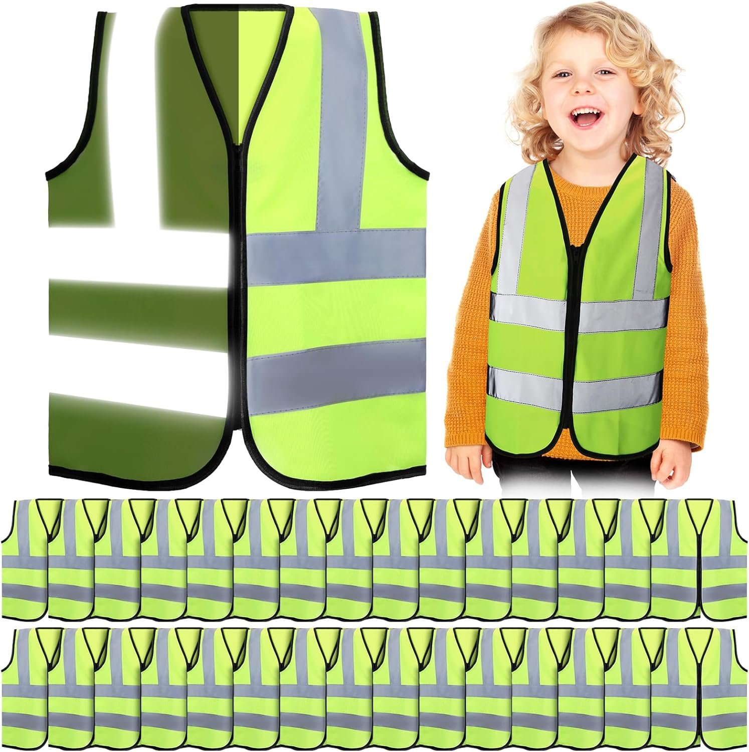 Unittype 30 Pcs Kids Safety Vest Bulk High Visibility Reflective Vest with Zipper Neon Traffic Vest for Cycling Skiing Running (Yellow)