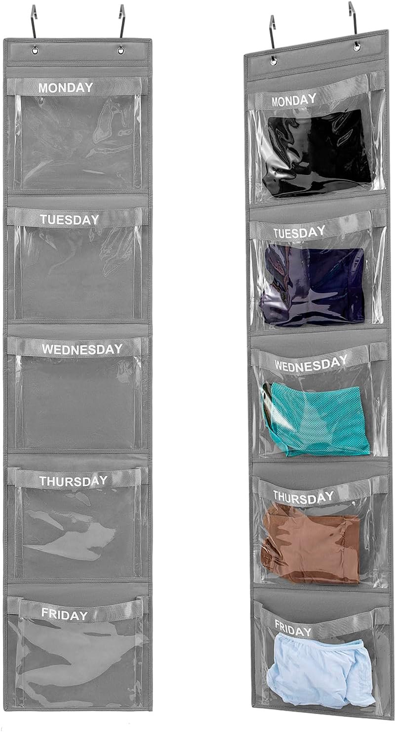 2 Pcs Day of Week Clothing Organizer Monday to Friday School Clothes Organizer for Kids Weekly Hanging Closet Organizer (GREY)
