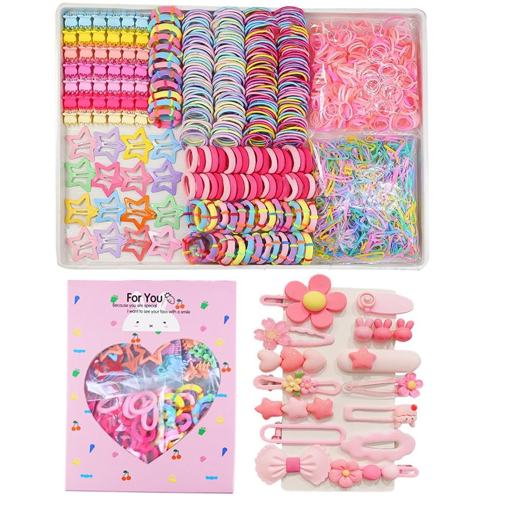 889 pcs Elastic Hair Ties for Girls Hair Accessories Ponytail Holders Colorful Rubber Bands Set with 14 pcs Cute Hair Clip