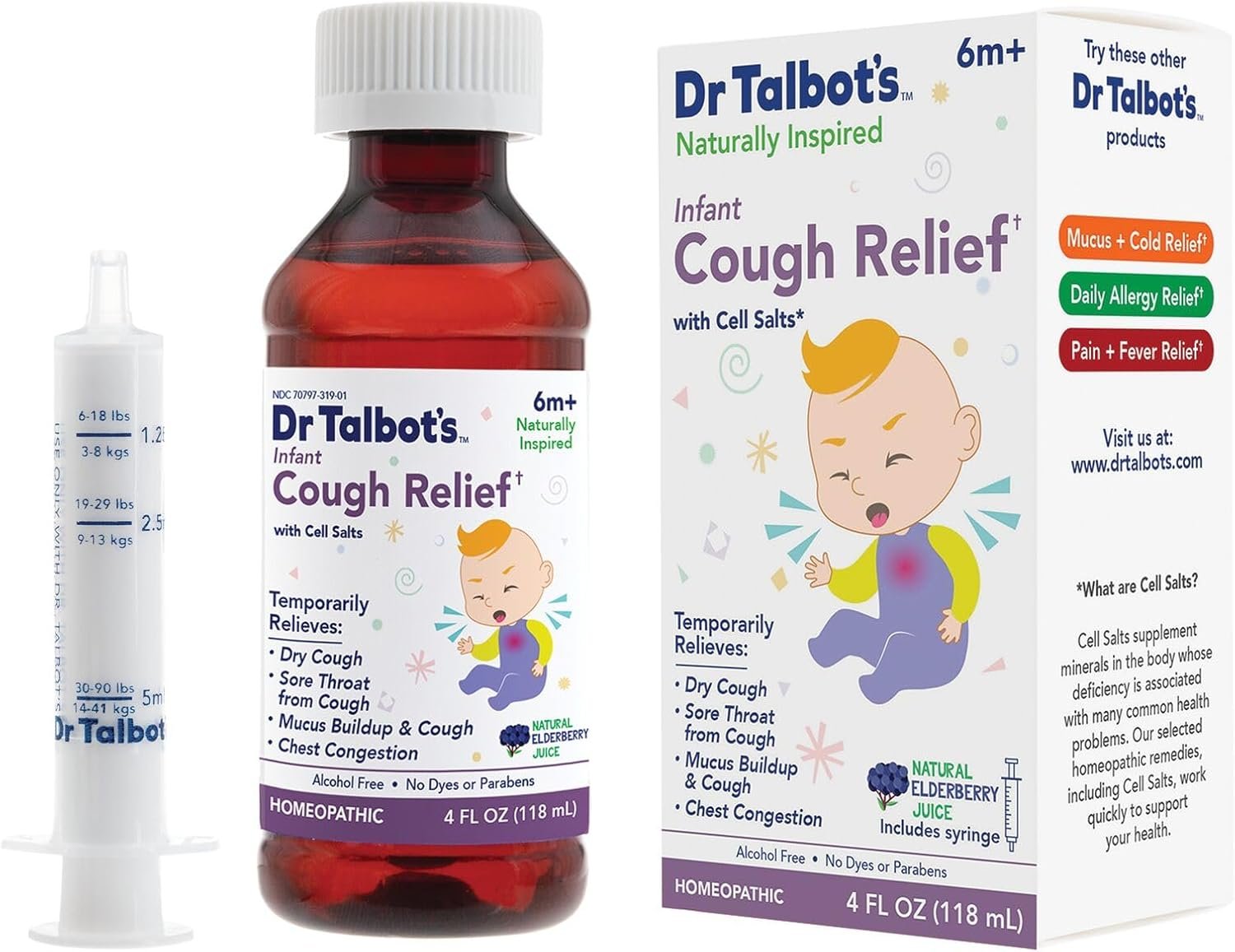 Dr. Talbot’s Infant Cough Relief with Cell Salts – 4 fl oz – Naturally Inspired Kids Cough Medicine – Elderberry Juice Flavor – Includes Syringe
