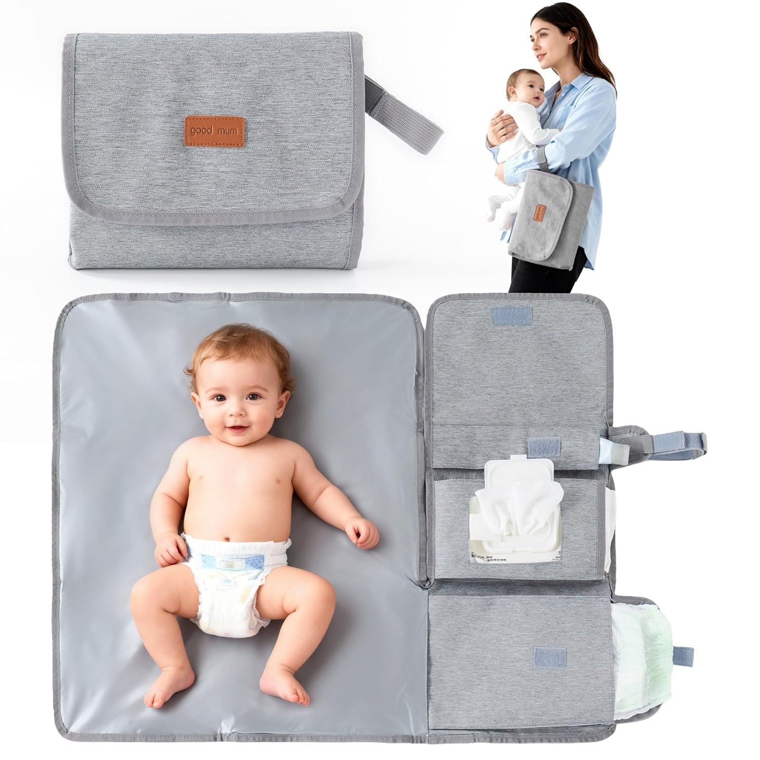 Portable Changing Pad for Travel, Waterproof & Wipe-Clean Changing Mat with Storage Pocket, for Diaper Bag,Grey
