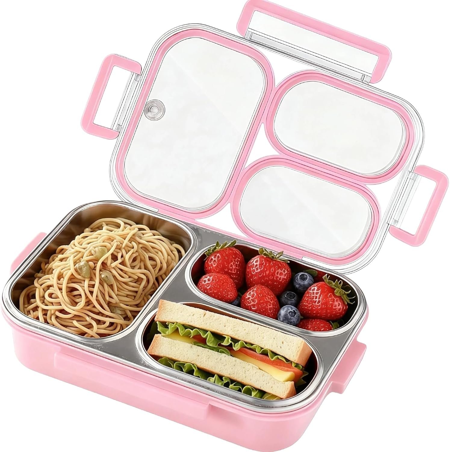 Stainless Steel Bento Box for Kids, 3-Compartment Leakproof Lunch Box, 18/8 Food-Grade Metal Lunch Container with Lid, 25oz Portable School Lunchbox for Girls, Pink