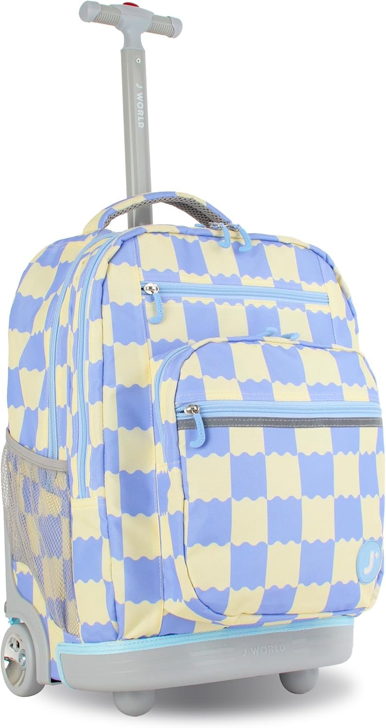 J World Sundance Laptop Rolling Backpack for Girls Boys. Roller Bookbag with Wheels, Wiggle Blue