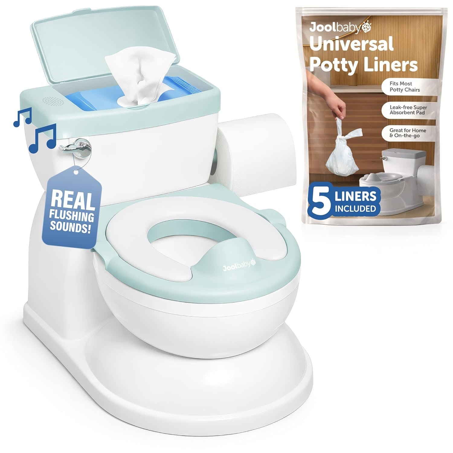 Jool Baby Real Feel 2-in-1 Potty with Wipes Storage, Flushing Sounds & Disposable Liners – Realistic Toilet – Easy to Clean & Assemble (Aqua)