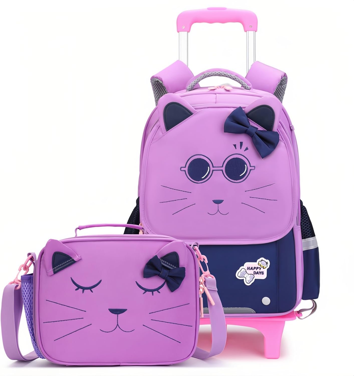 2Pcs Girls Rolling Backpack, Cute Cat Face Kids School Bag Bookbag Roller Backpack for Girls with 2 Wheels, 2Pcs-Purple