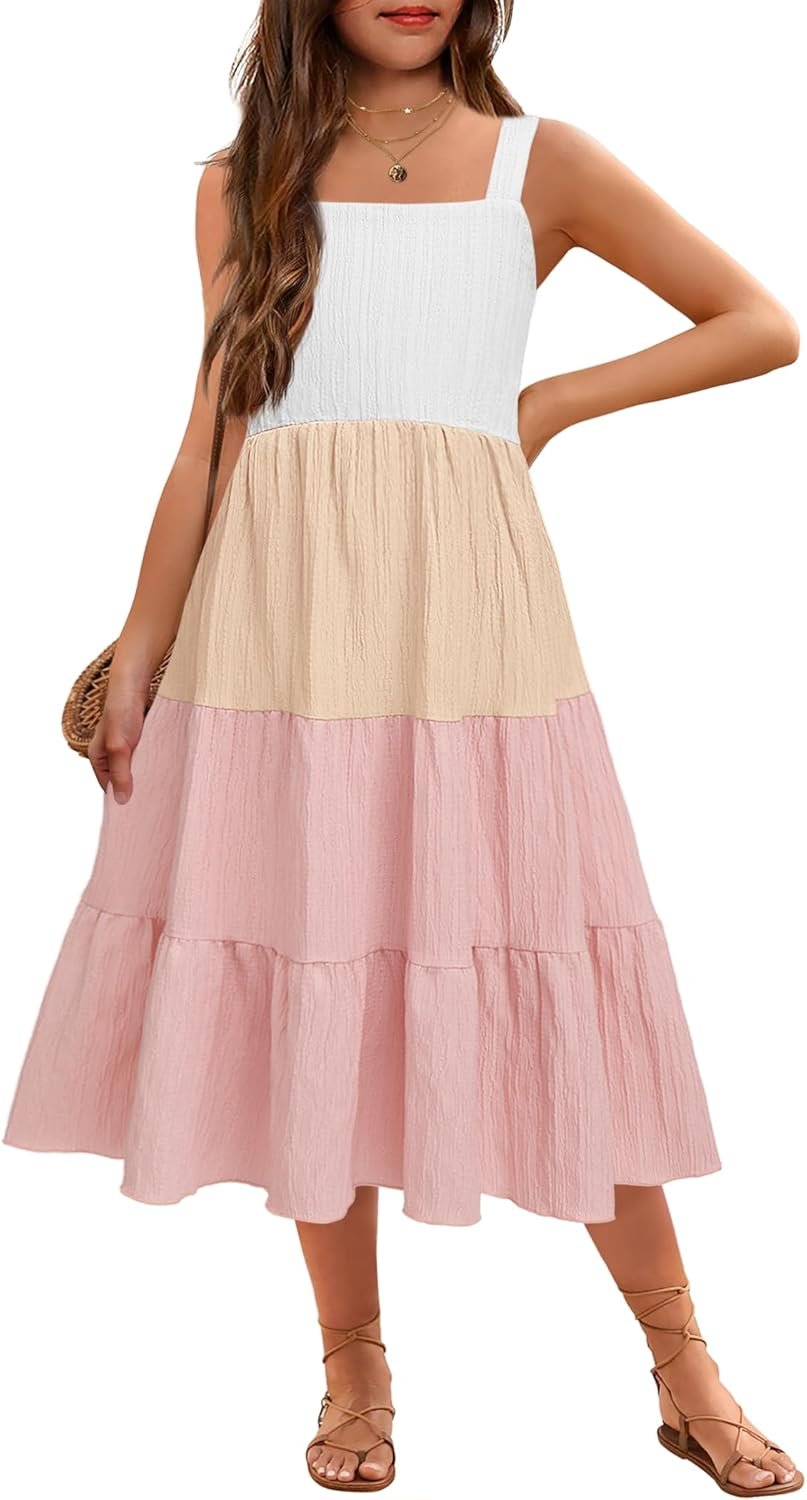 Arshiner Girl’s Sundresses Summer Boho Strap Tiered Cami Maxi Dresses with Pockets