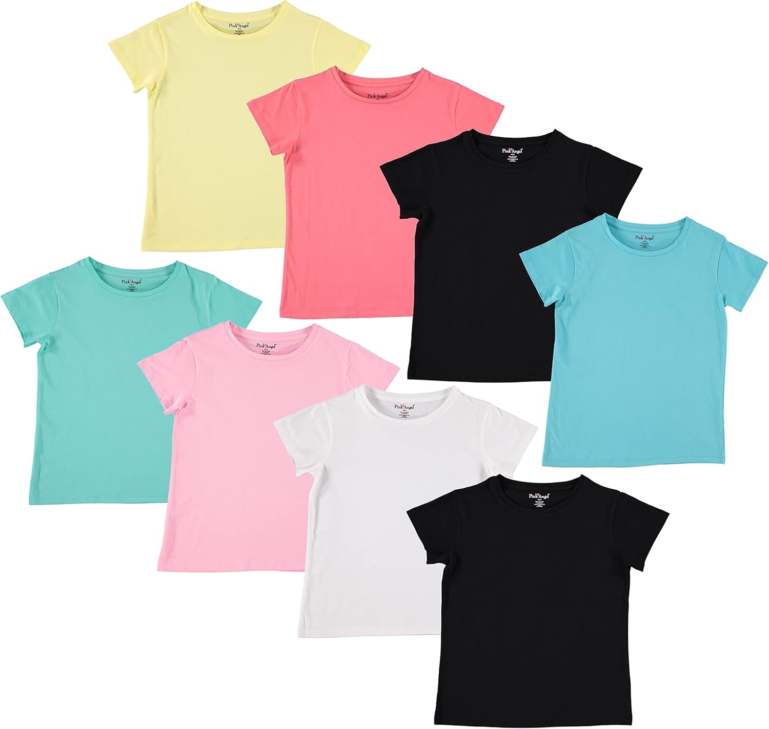 Pink Angel Girls’ 8-Pack Cotton T-Shirts – Crew Neck Short Sleeve Tees, Solid Color Multipack, Sizes 4–16
