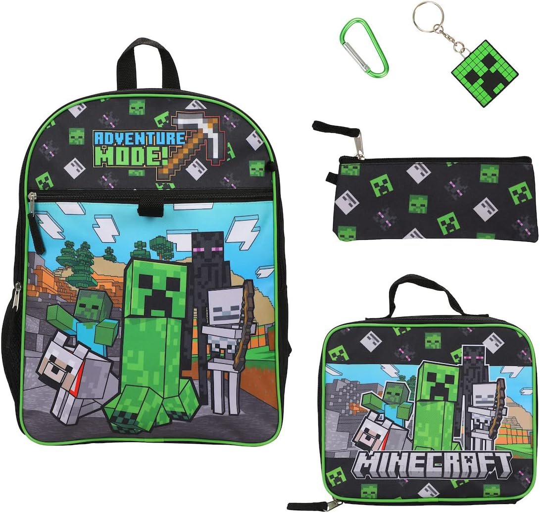 BIOWORLD Unisex Minecraft Adventure Mode 5-Piece Backpack set (Little Kid/Big Kid), Green, One size