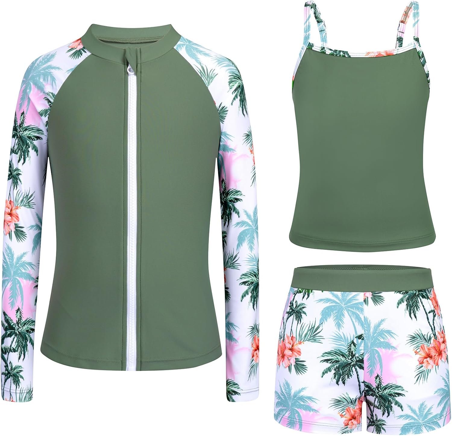 Rash Guard for Girls Long Sleeve 3 Piece Teens Swimsuits Zip Up Bathing Suit with Pockets Boyshorts (6-16Y)