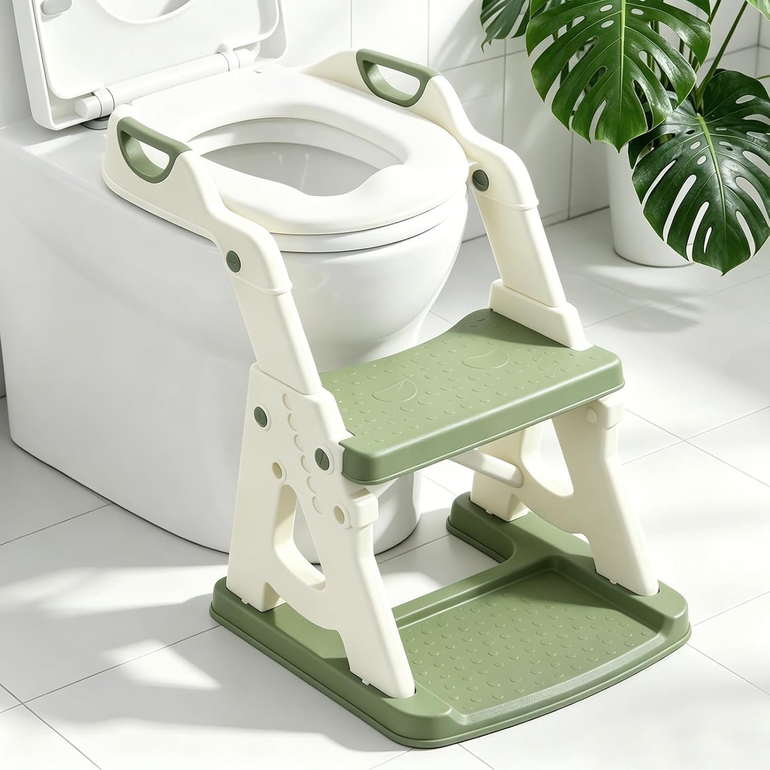 Potty Training Toilet Seat, Stable Potty Training Seat with Step Stool, 2 in 1 Toddler Toilet Seat with Steps for Kids Boys Girls, Toddler Potty Seat with Ladder, Splash Guard, Anti-Slip Pads (Green)