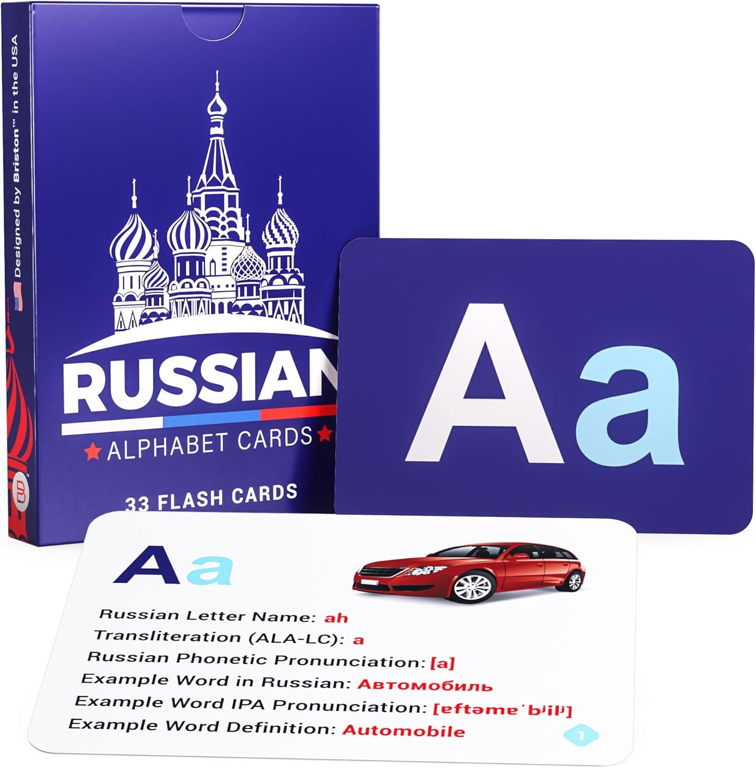 Briston Russian Alphabet Flash Cards – Learn Cyrillic Letters with Pronunciation & Transliteration – Educational Language Learning Flashcards for Kids & Adults, 33 Cards + Alphabet Chart