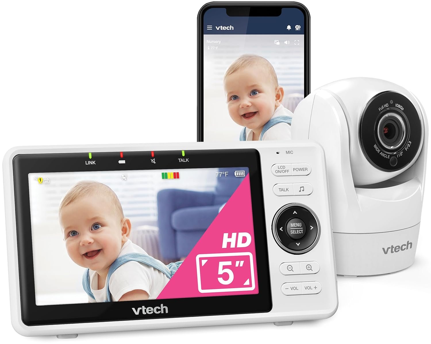 VTech VM901 Smart WiFi Baby Monitor – 1080p Camera, 5″ HD Screen, Remote Pan Tilt Zoom, Free App, Night Vision, No Subscription