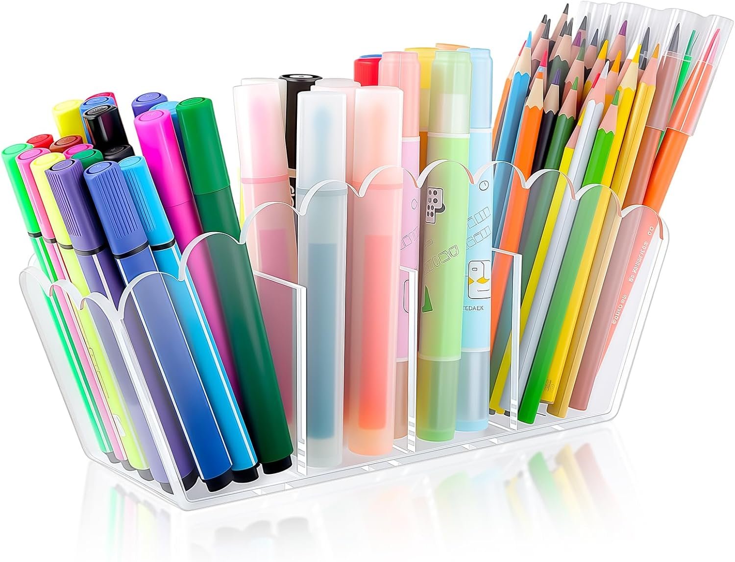 Scalloped Acrylic Pencil Holder – Clear Desk Organizer with 4 Compartments – Makeup Brush Holder & Remote Caddy for Office, Bathroom, Table – Party Accessory （4-Comp）