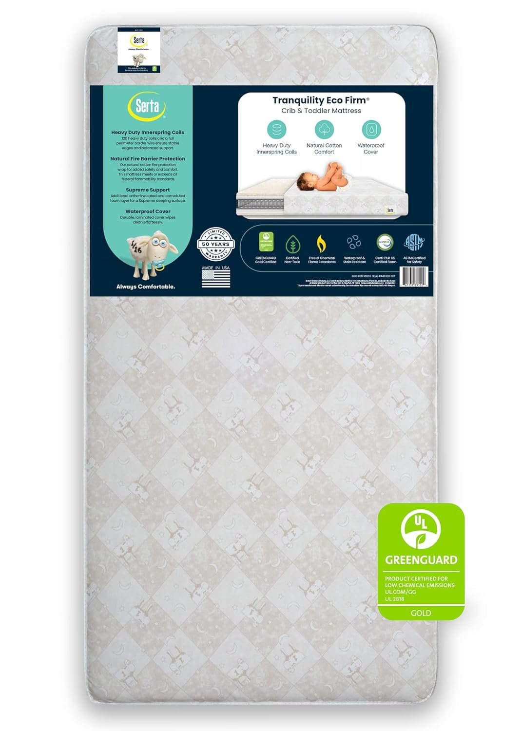 Serta Tranquility Eco Firm 2-Stage Baby Crib and Toddler Mattress – Waterproof Standard Baby Crib & Toddler Mattress – GREENGUARD Gold Certified- 52″ L X 27.5″ W (50 Year Warranty)