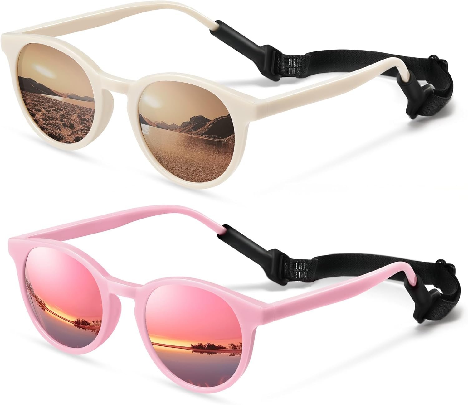 Cute Kids Polarized Sunglasses,Baby Sun Glasses with Strap for Toddler Girls Boys Flexible Round UV Protection