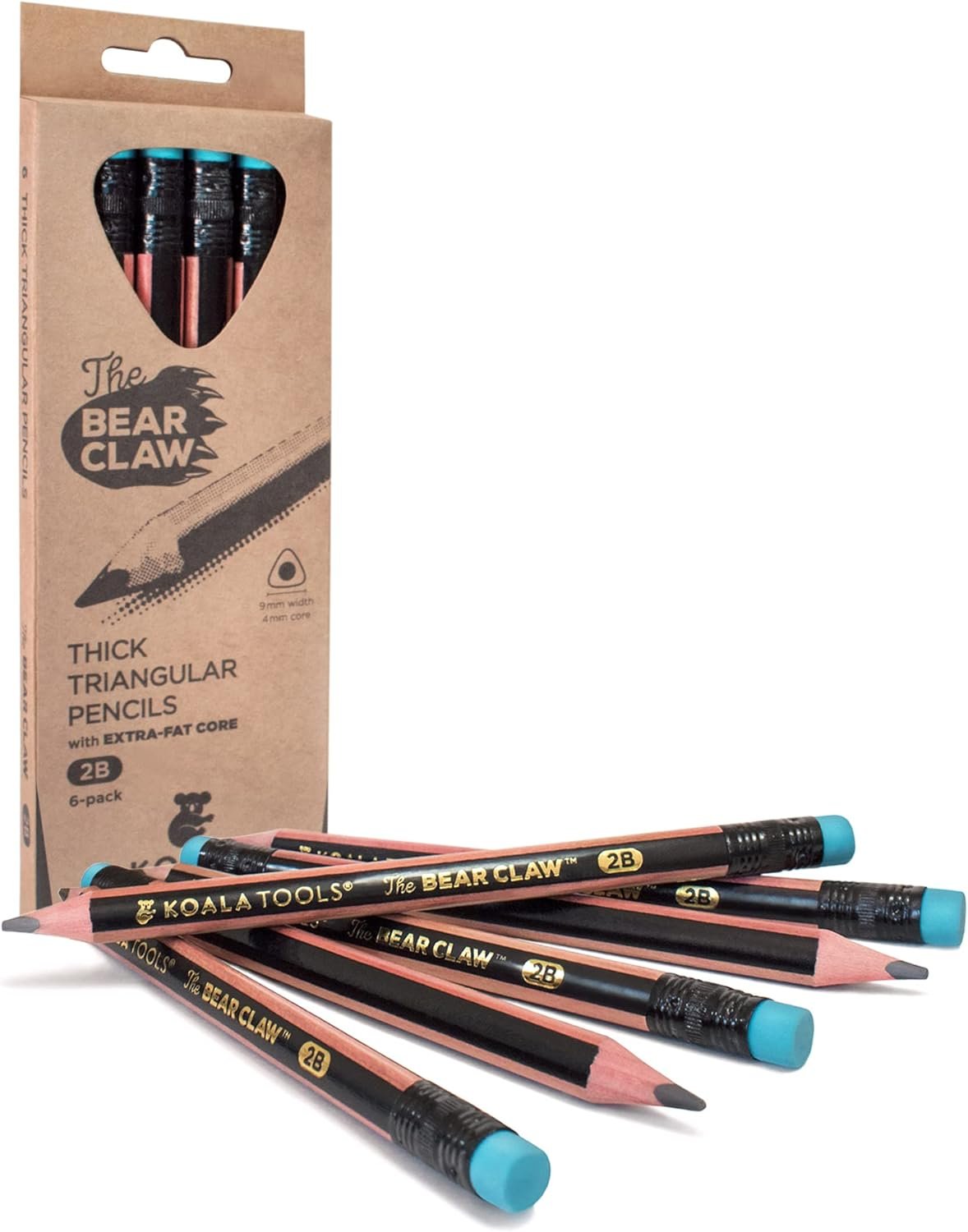 KOALA TOOLS | Bear Claw Pencils 1-Pack (6 Pencils) – Fat, Thick, Strong, Triangular Grip, Graphite, 2B Lead with Eraser – Suitable for Kids, Art, Drawing, Drafting, Sketching & Shading