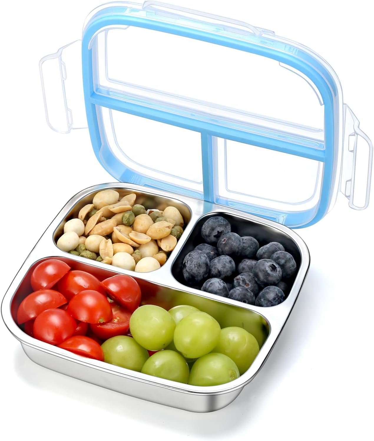 Stainless Steel Snack Containers, 3 Compartments Reusable on and go Bento Box with Lids for Kids, Lunch Box Pre Meal Storage for School Office Outdoor Camping Travel – Blue