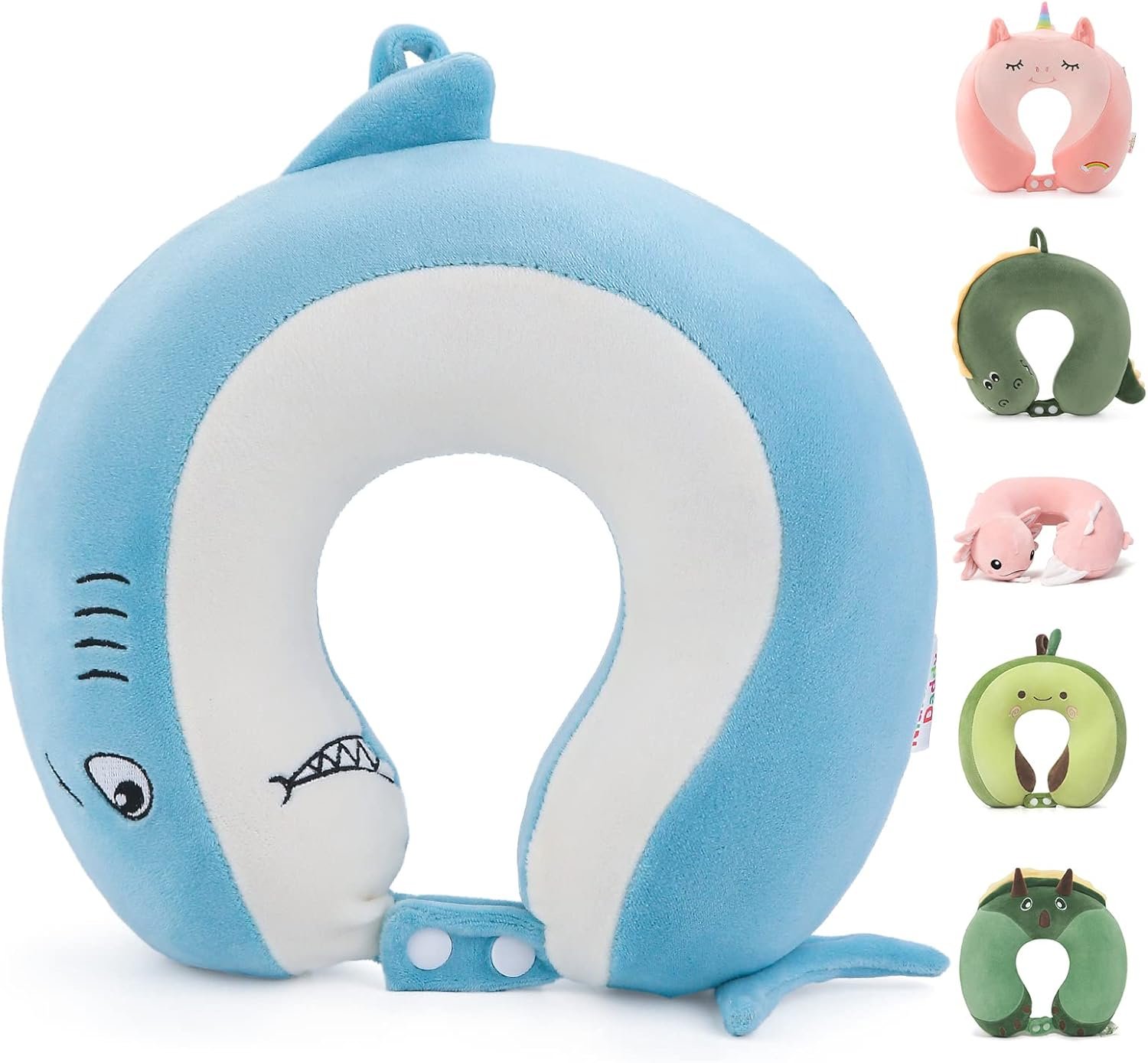 Niuniu Daddy Shark Kids Travel Neck Pillows for 3-8 Years Old, Soft Adjustable Memory Foam Neck Pillows for Plane, Car Seat, Traveling, Sleeping – Kids Road Trip Essentials for Boys Girls Presents