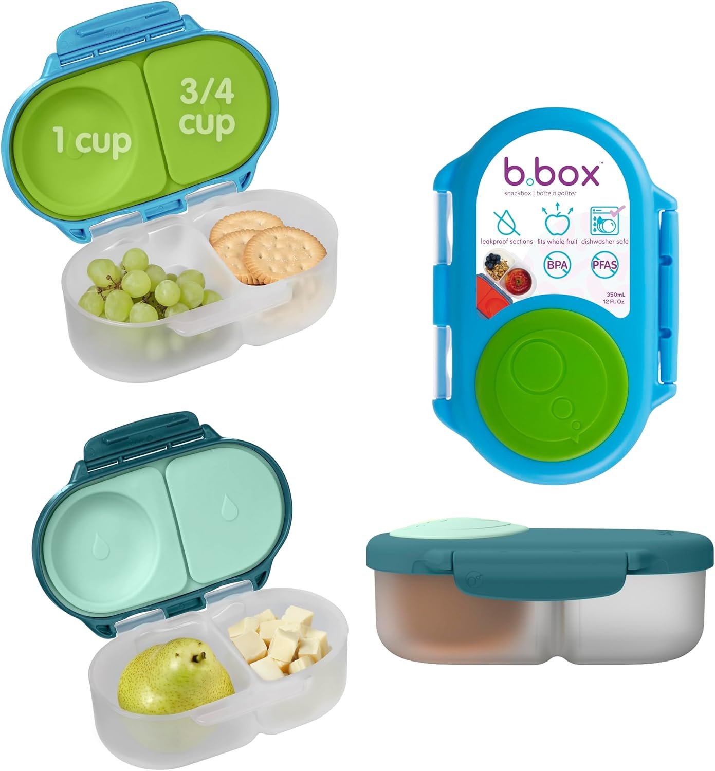 b.box Snack Box 2 Pack – Leak Proof Mini Bento Box for Kids & Toddlers, 2 Compartment Snack Containers for Kids, Dishwasher Safe, BPA Free, PFAS Free, Ages 4m+, 1 3/4 Cup Each (Ocean Blue + Forest)