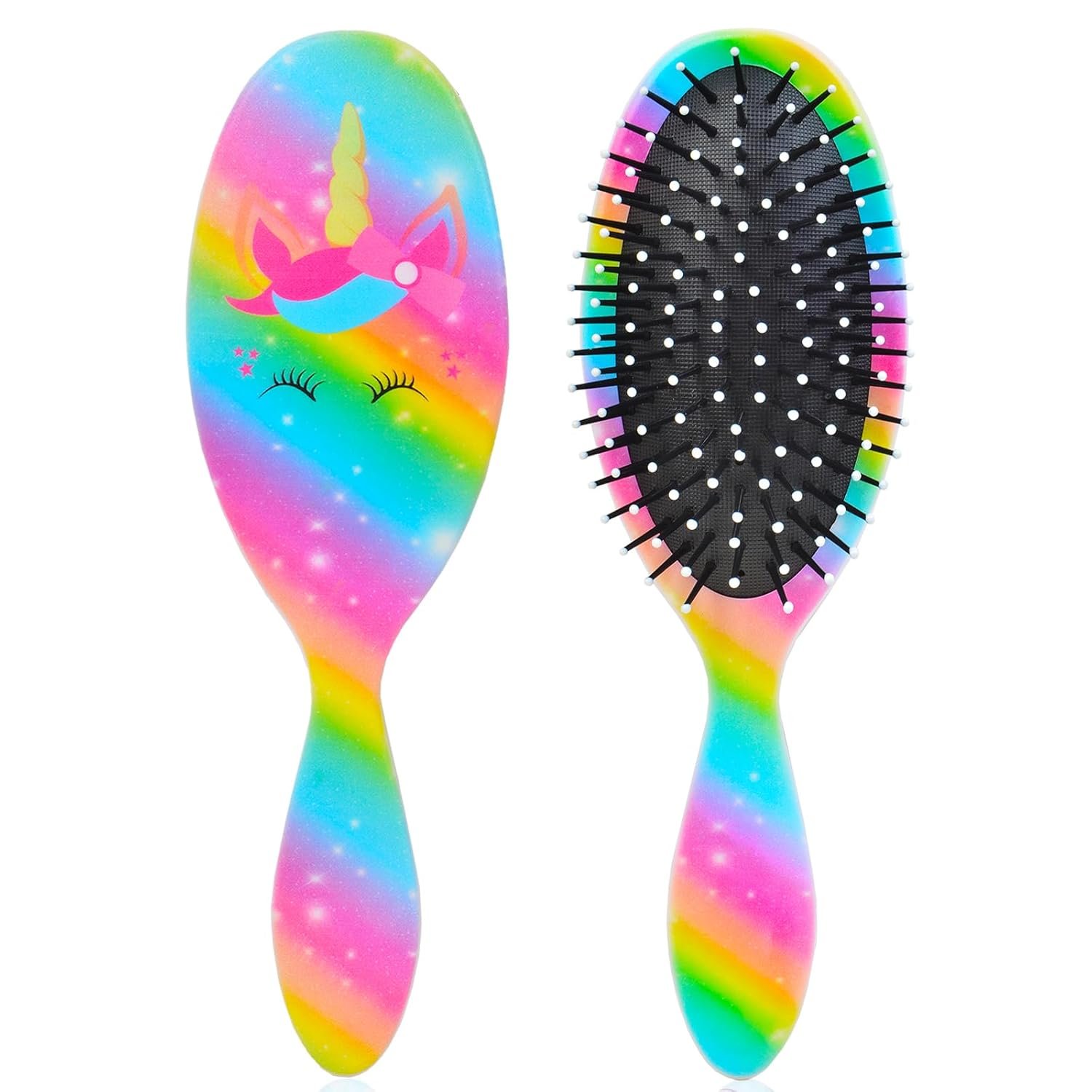 Girls Detangling Brush for Curly, Wet/Dry, Thick Hair – Pain-Free Brushing for Women (Rainbow Unicorn)