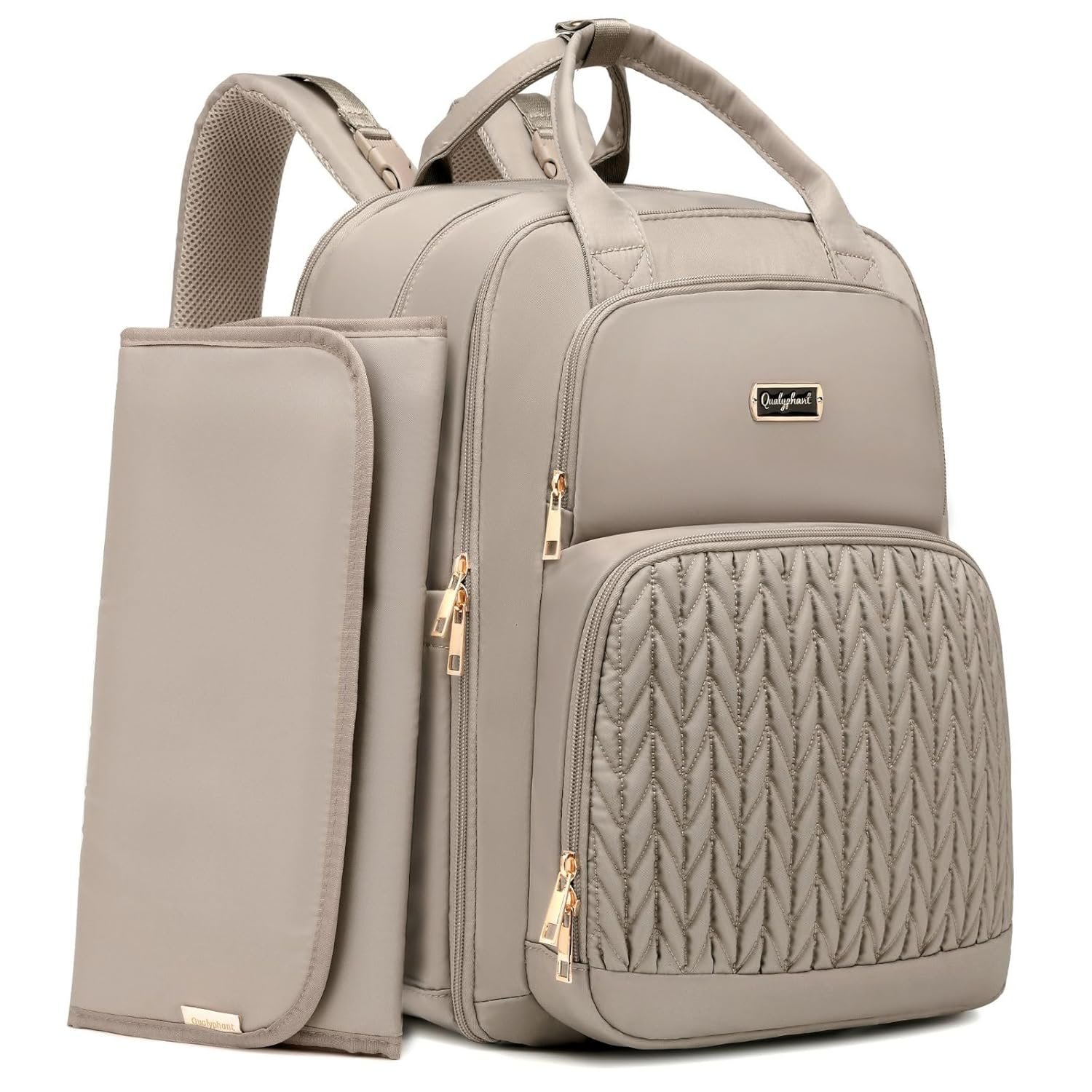 Qualyphant Diaper Bag Backpack – Extra Large Diaper Bag for Two Kids Twins (Expandable 30-38L) – Travel Baby Backpack with Changing Pad for Mom Dad (Quilted, Water Resistant, Brown Taupe)