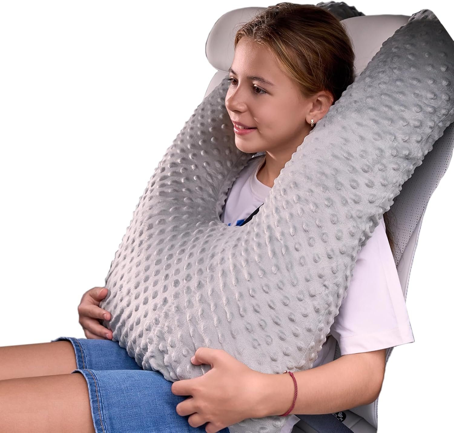 Travel Pillow for Kids Adult in Car – Pillow for Car Sleeping Ultra Large U Shaped with Removable Soft Cover Support Fix Neck and Body Sitting/Sleeping on The Trip (Grey)